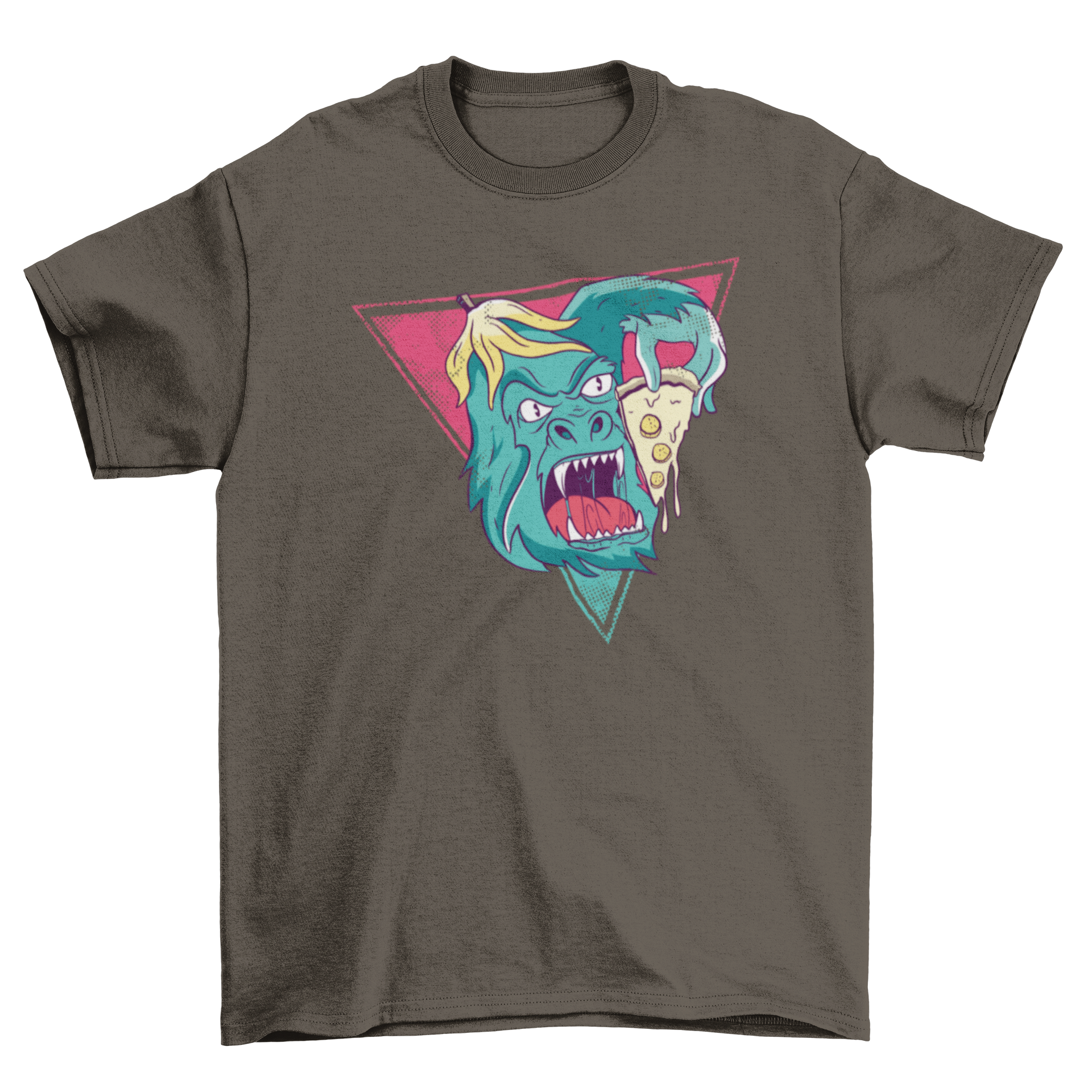 A vibrant cartoon design of a gorilla happily eating a slice of pizza, perfect for T-shirts and other merchandise.