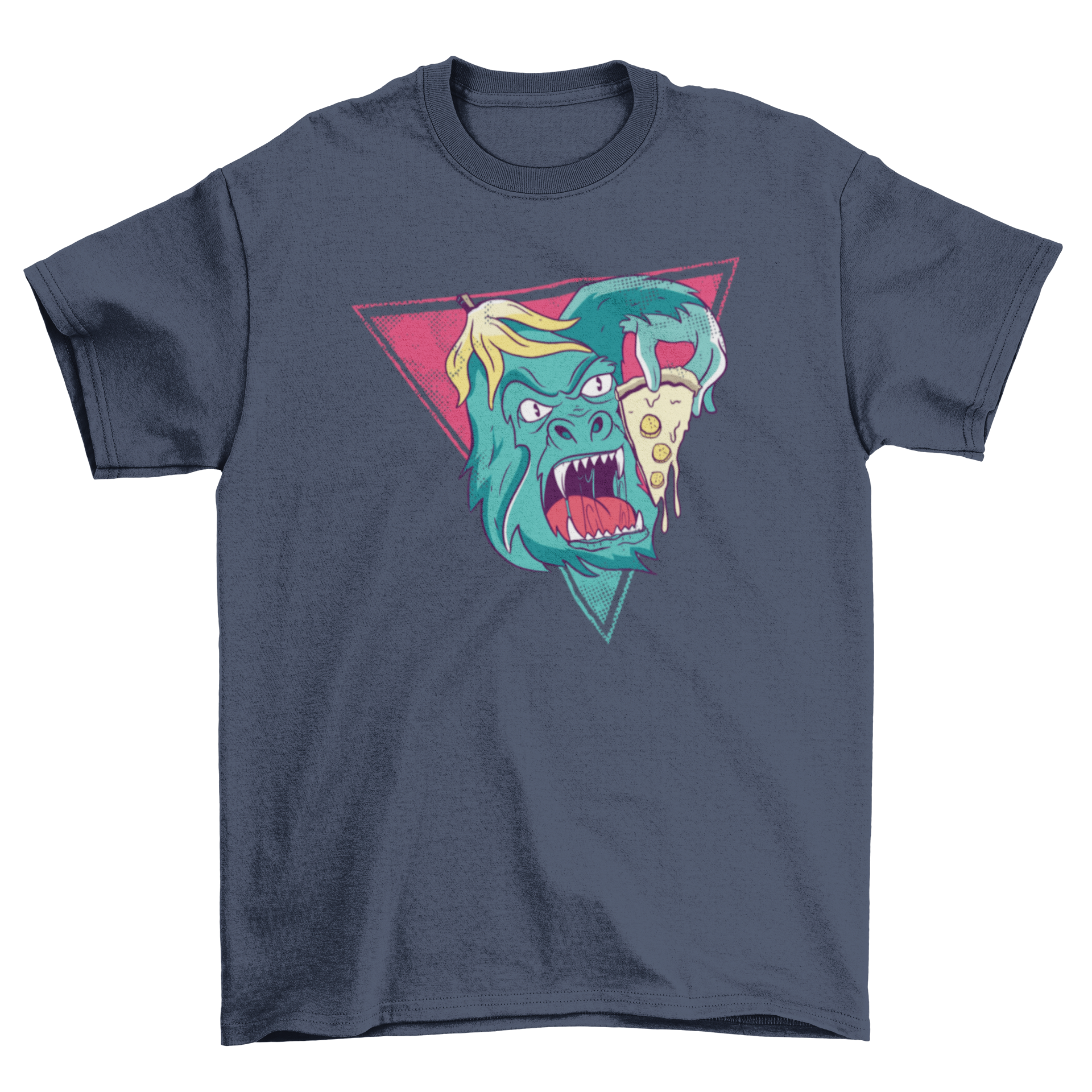 A vibrant cartoon design of a gorilla happily eating a slice of pizza, perfect for T-shirts and other merchandise.