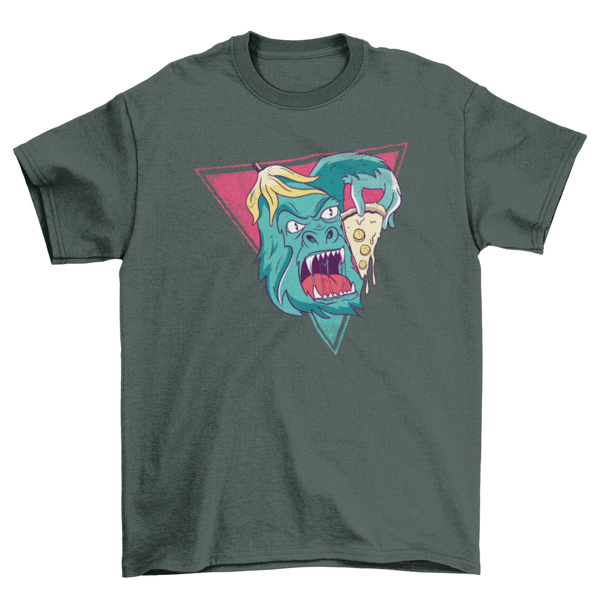 A vibrant cartoon design of a gorilla happily eating a slice of pizza, perfect for T-shirts and other merchandise.