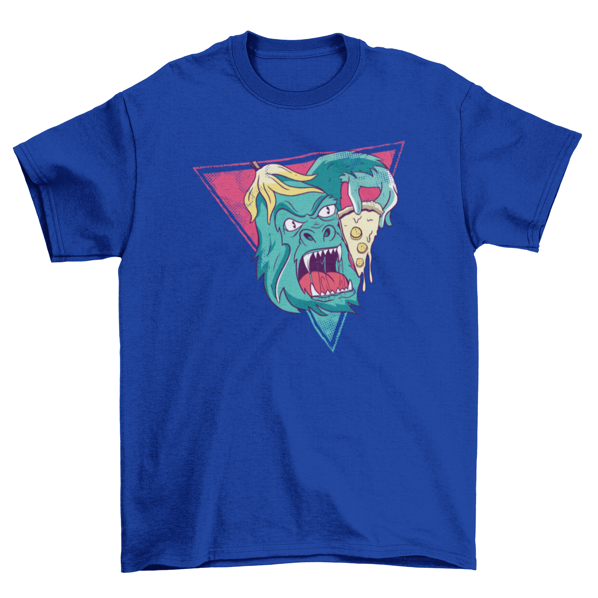 A vibrant cartoon design of a gorilla happily eating a slice of pizza, perfect for T-shirts and other merchandise.
