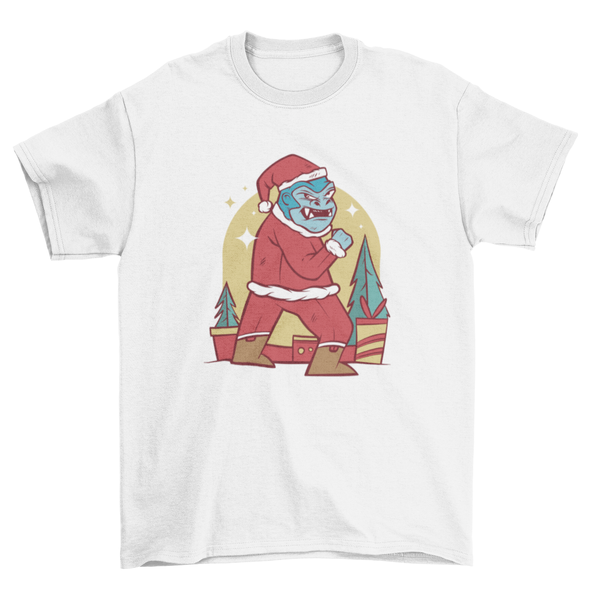 Gorilla Santa Claus t-shirt featuring a colorful illustration of a gorilla dressed in a Santa suit, perfect for holiday celebrations.