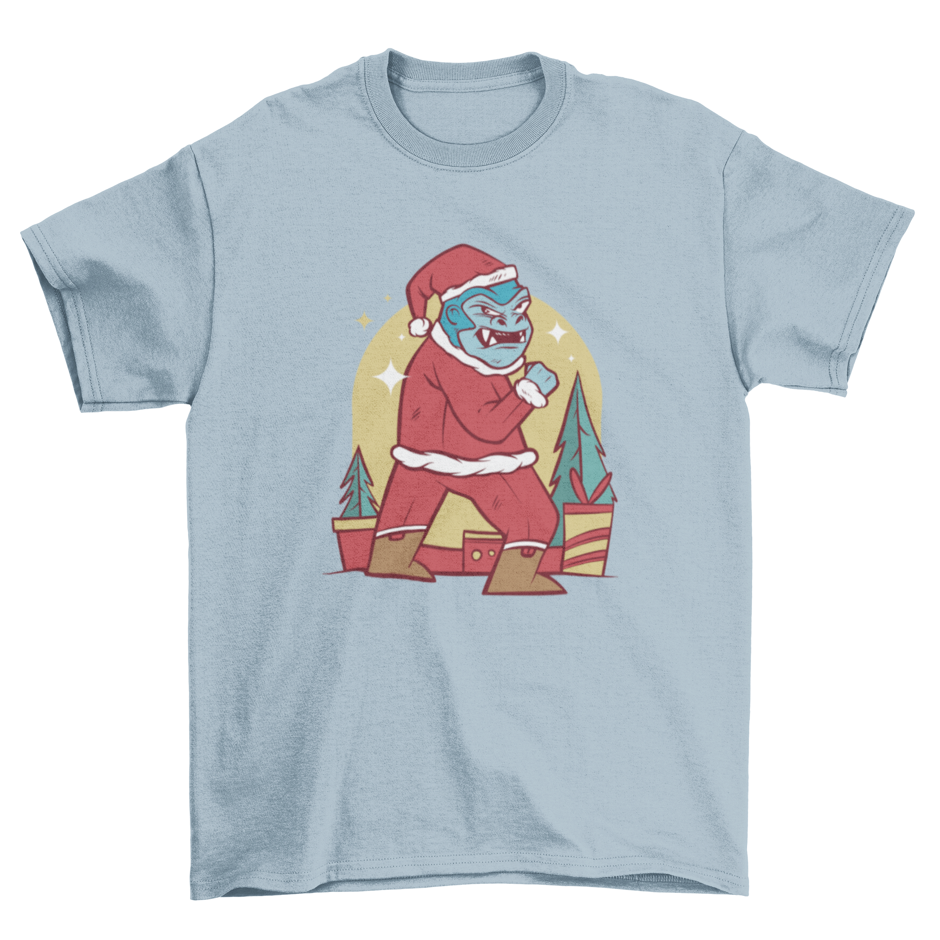 Gorilla Santa Claus t-shirt featuring a colorful illustration of a gorilla dressed in a Santa suit, perfect for holiday celebrations.