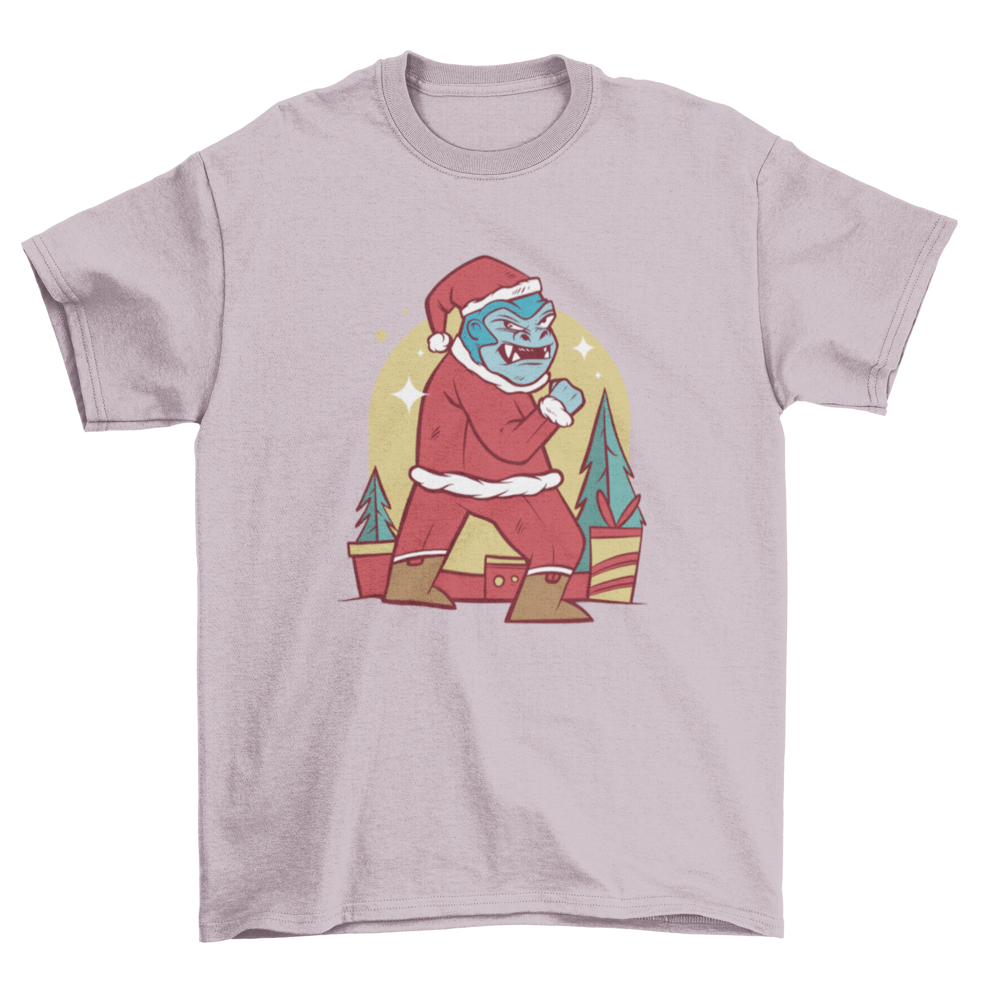 Gorilla Santa Claus t-shirt featuring a colorful illustration of a gorilla dressed in a Santa suit, perfect for holiday celebrations.