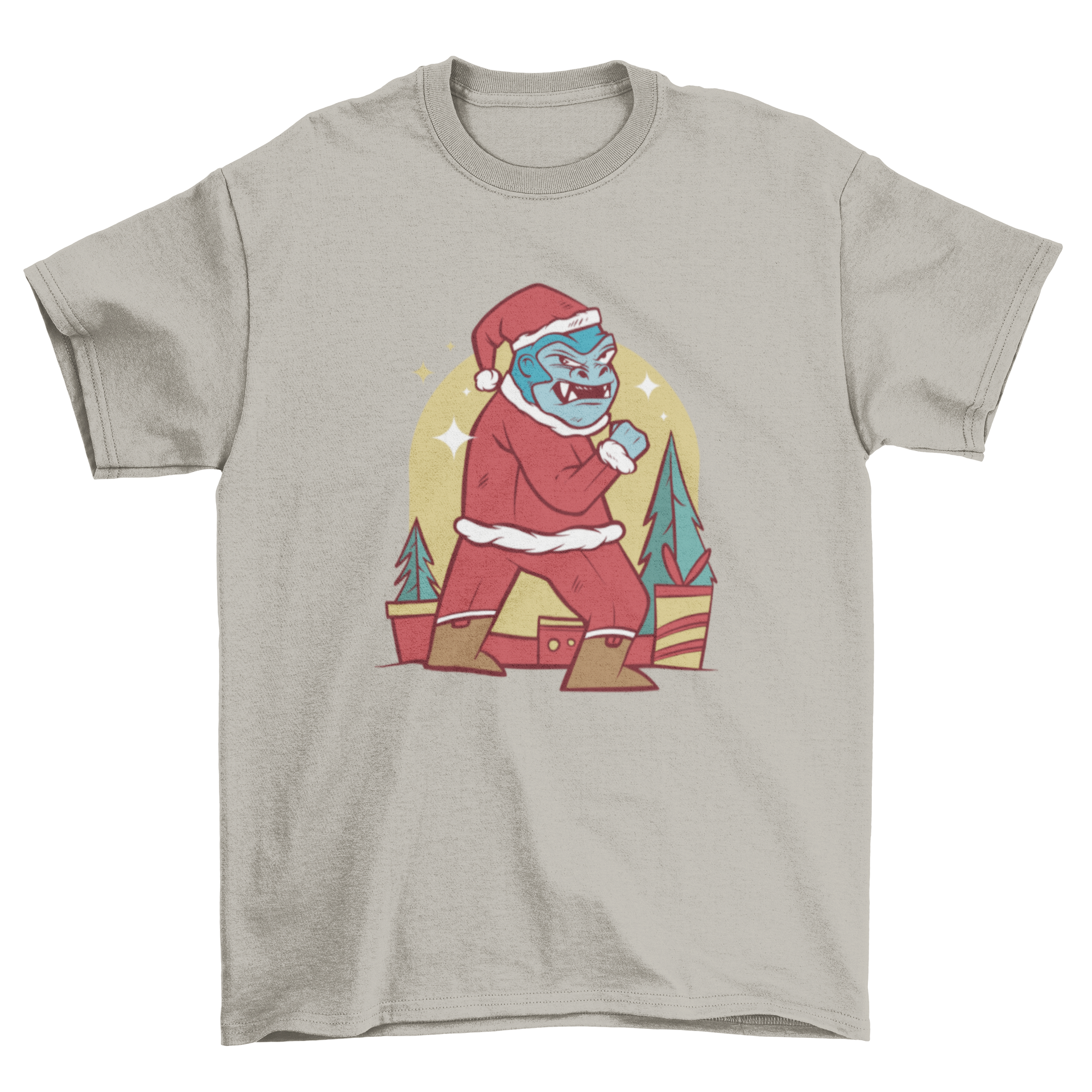 Gorilla Santa Claus t-shirt featuring a colorful illustration of a gorilla dressed in a Santa suit, perfect for holiday celebrations.