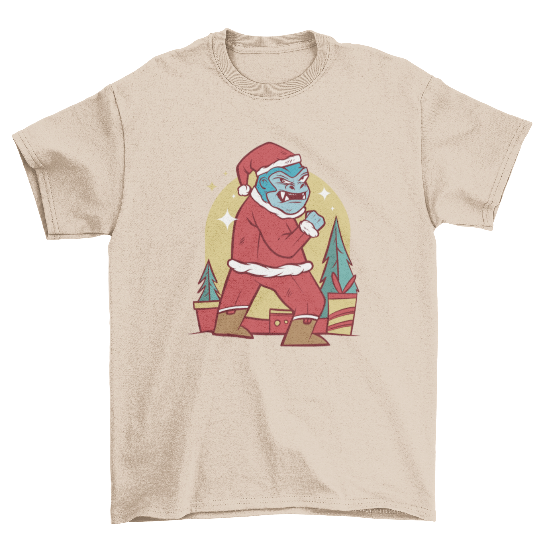 Gorilla Santa Claus t-shirt featuring a colorful illustration of a gorilla dressed in a Santa suit, perfect for holiday celebrations.