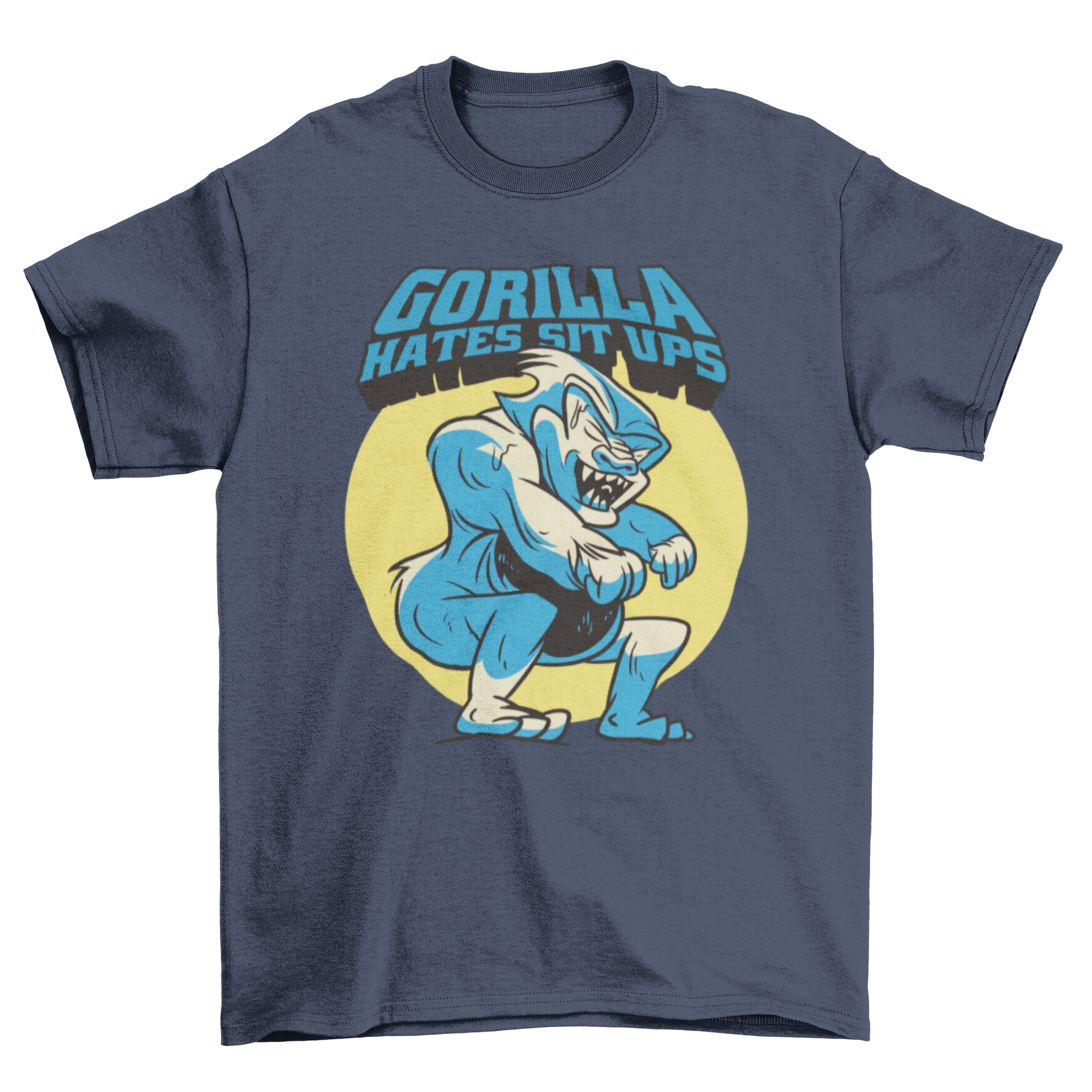 Gorilla sit ups gym t-shirt featuring a training gorilla character and humorous quote.