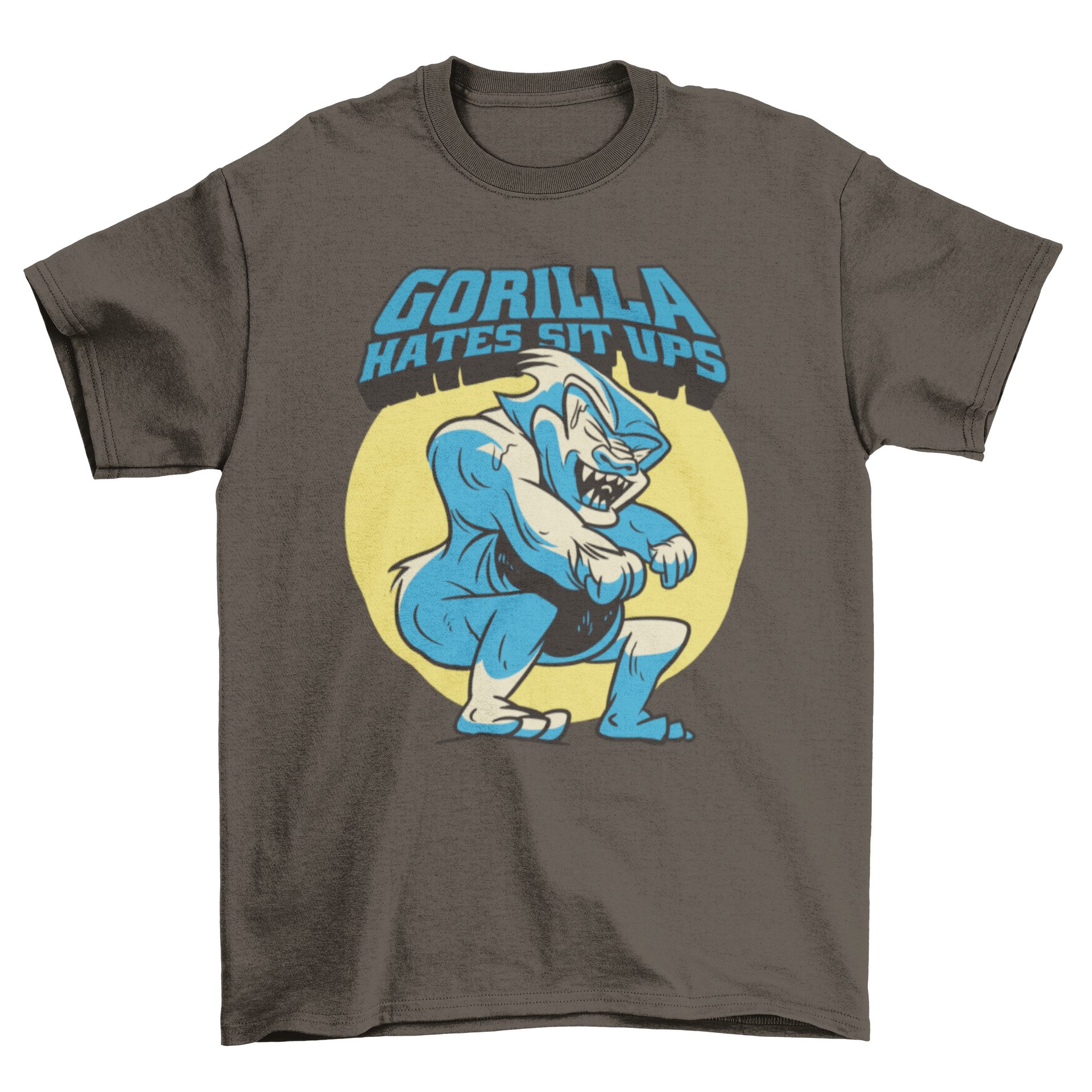 Gorilla sit ups gym t-shirt featuring a training gorilla character and humorous quote.