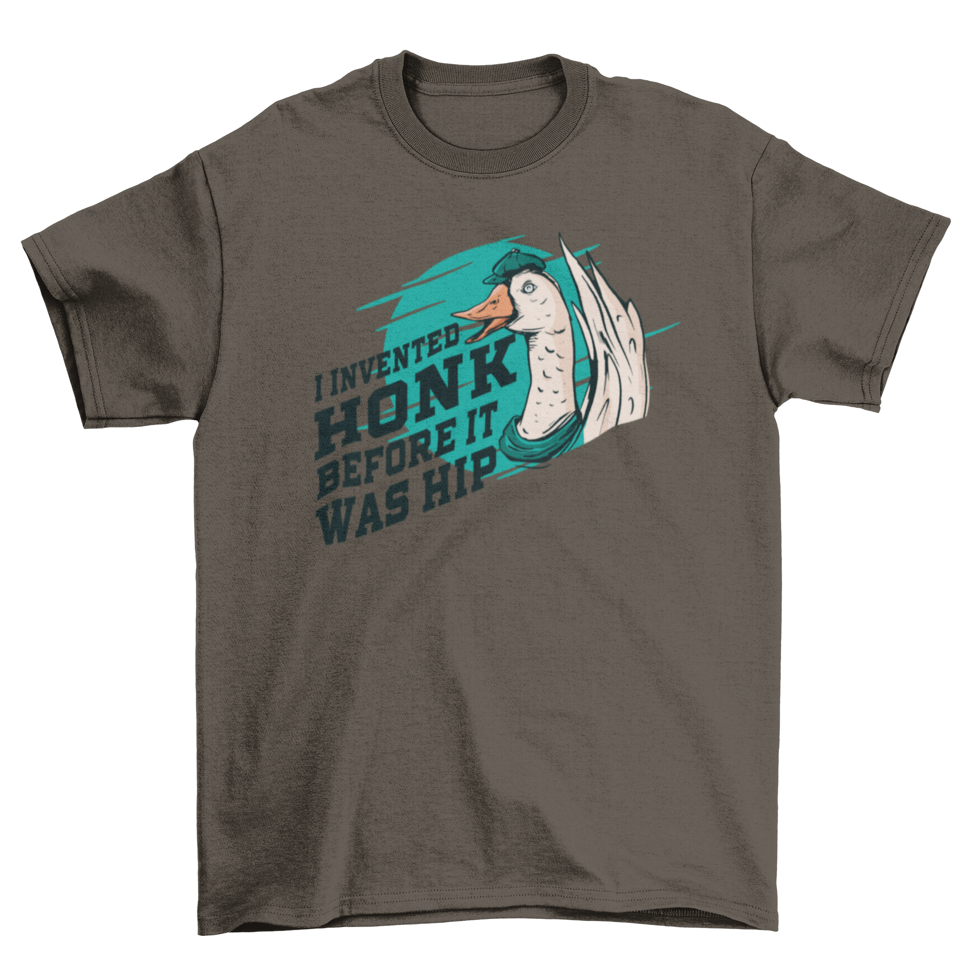 A humorous t-shirt featuring a goose graphic and the quote 'I INVENTED HONK BEFORE IT WAS HIP.'