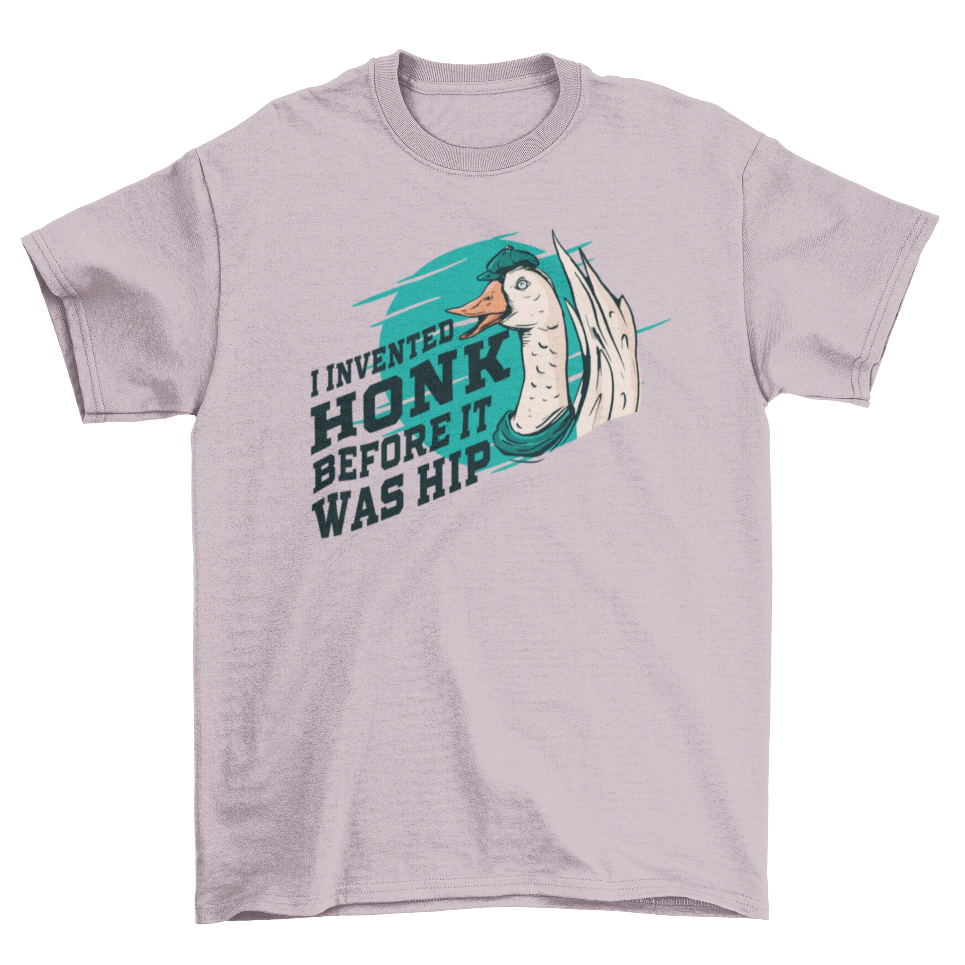 A humorous t-shirt featuring a goose graphic and the quote 'I INVENTED HONK BEFORE IT WAS HIP.'