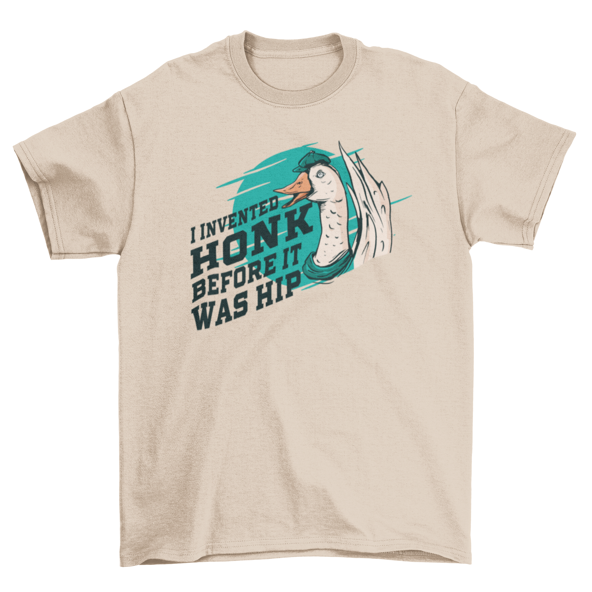 A humorous t-shirt featuring a goose graphic and the quote 'I INVENTED HONK BEFORE IT WAS HIP.'