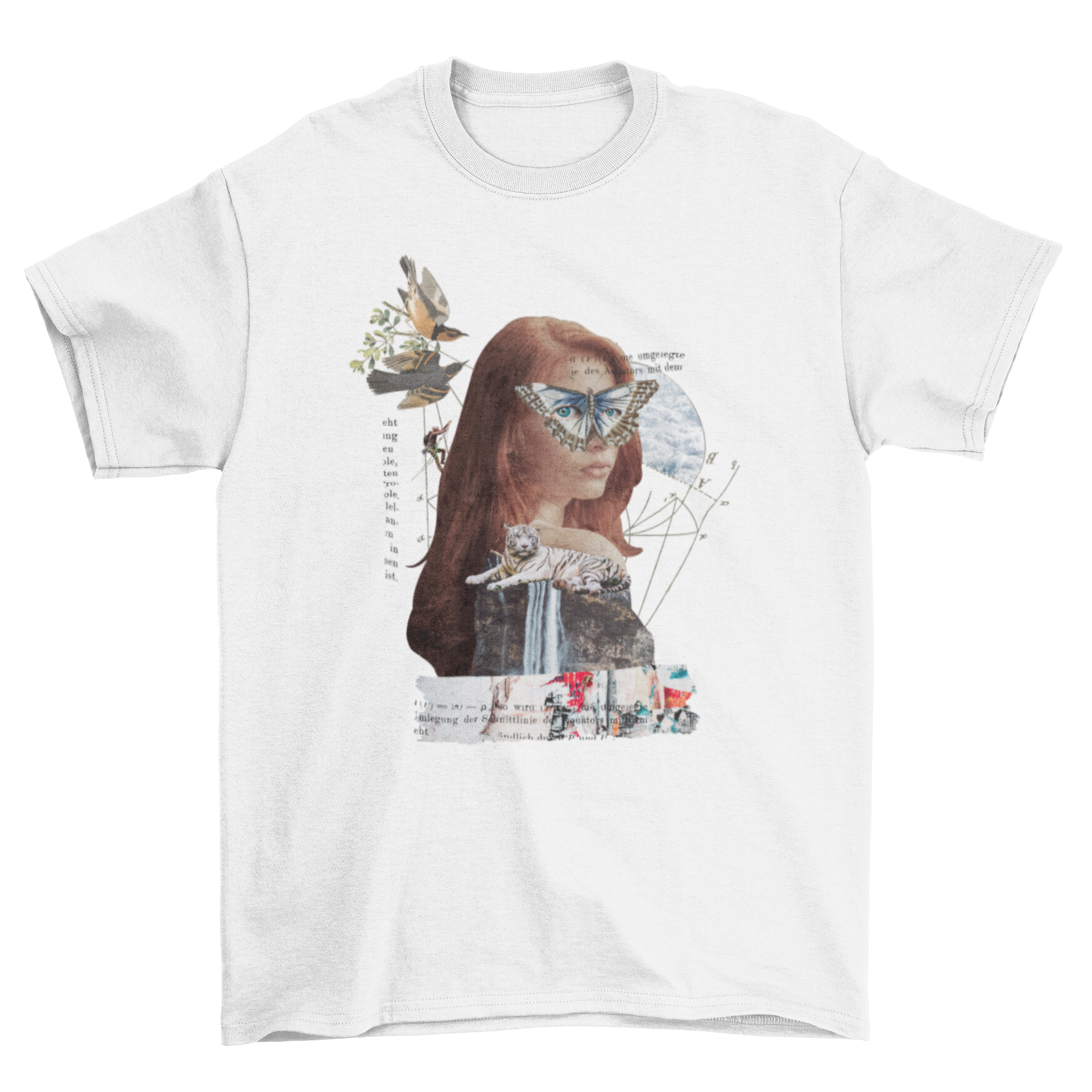 Gothic Victorian Girl t-shirt featuring a vintage woman with surrealist butterfly and bird collage design.