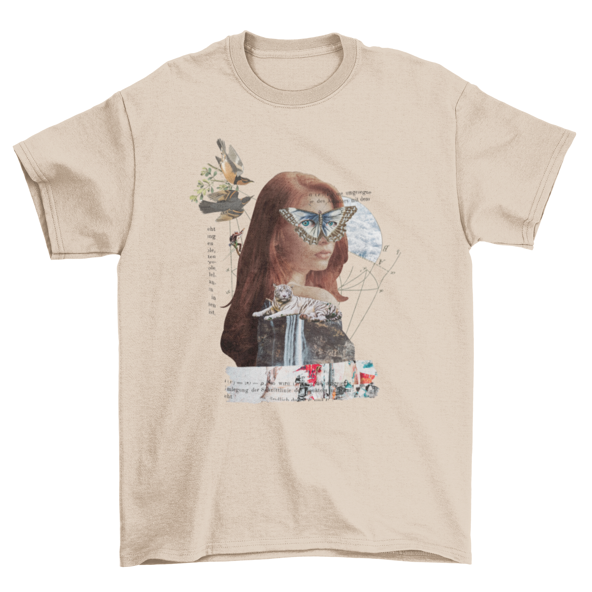 Gothic Victorian Girl t-shirt featuring a vintage woman with surrealist butterfly and bird collage design.