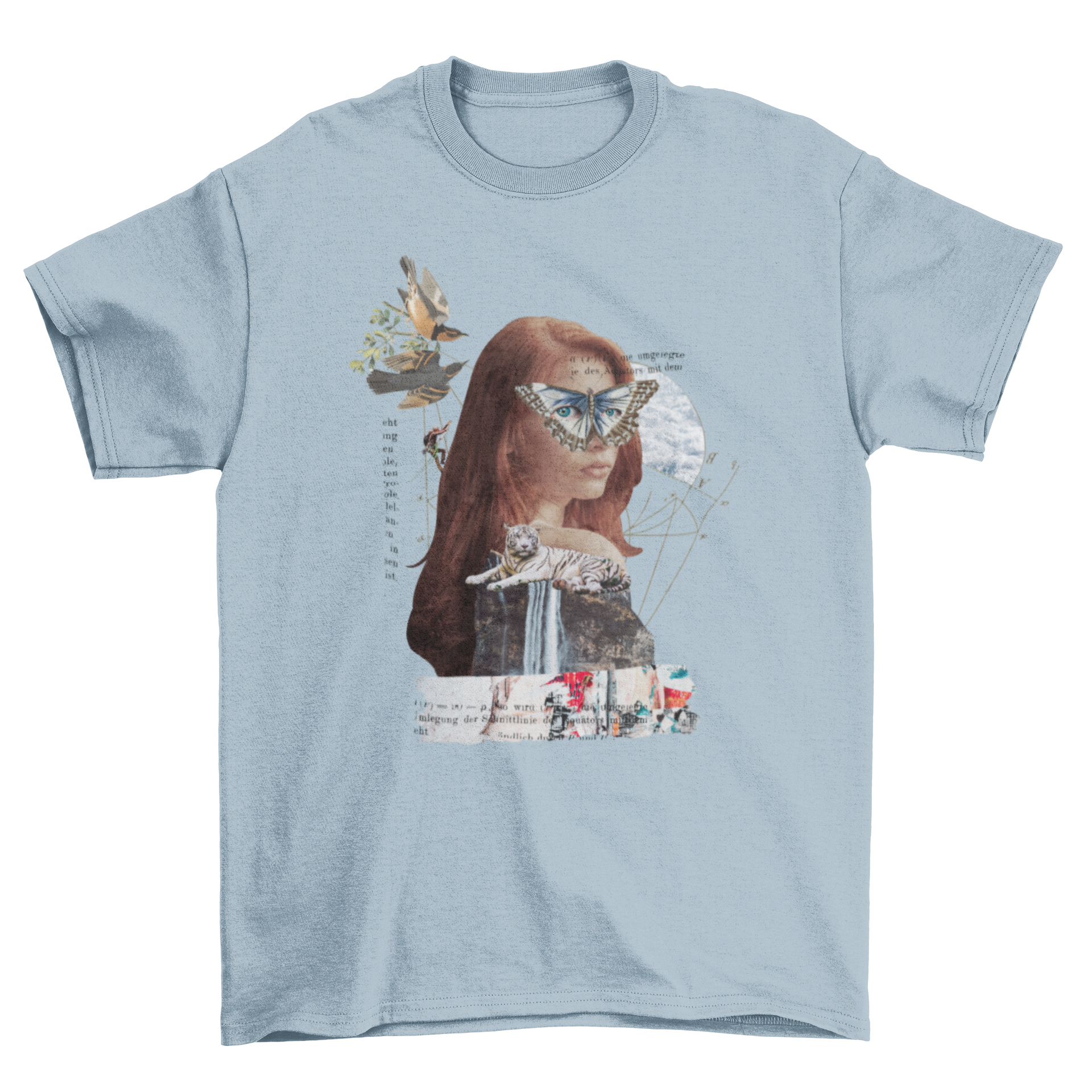 Gothic Victorian Girl t-shirt featuring a vintage woman with surrealist butterfly and bird collage design.