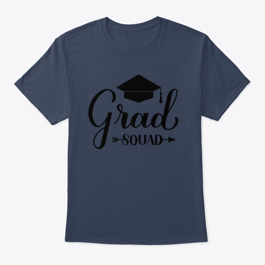 Grad Squad Calligraphy T-Shirt featuring a graduation cap design, made from 100% cotton for comfort and style.