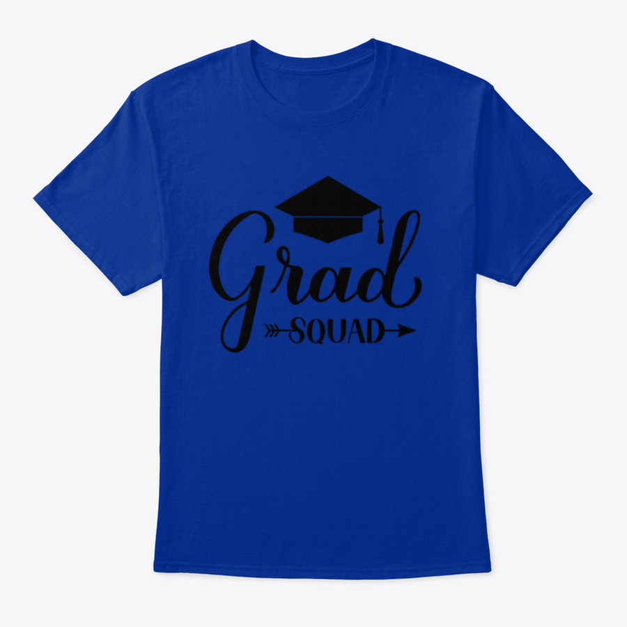 Grad Squad Calligraphy T-Shirt featuring a graduation cap design, made from 100% cotton for comfort and style.