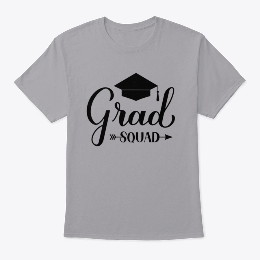 Grad Squad Calligraphy T-Shirt featuring a graduation cap design, made from 100% cotton for comfort and style.
