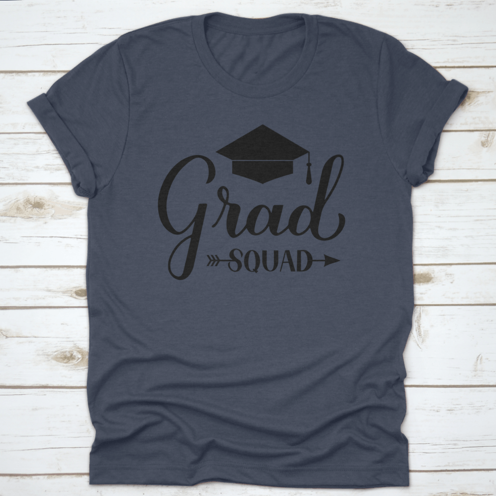 Grad Squad Calligraphy T-Shirt featuring a graduation cap design, made from 100% cotton for comfort and style.
