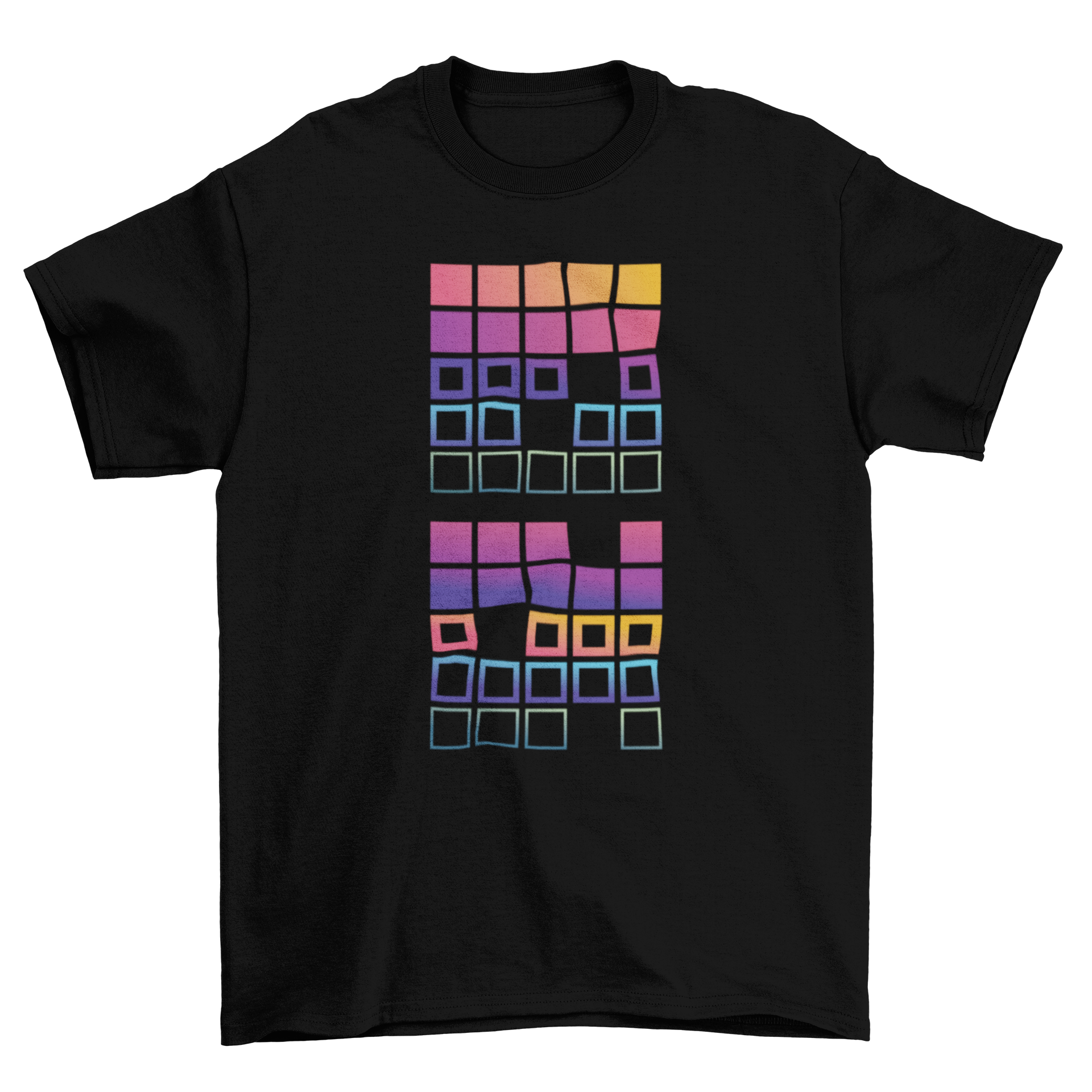 Ombre t-shirt featuring a geometric design with gradient squares in vibrant colors.