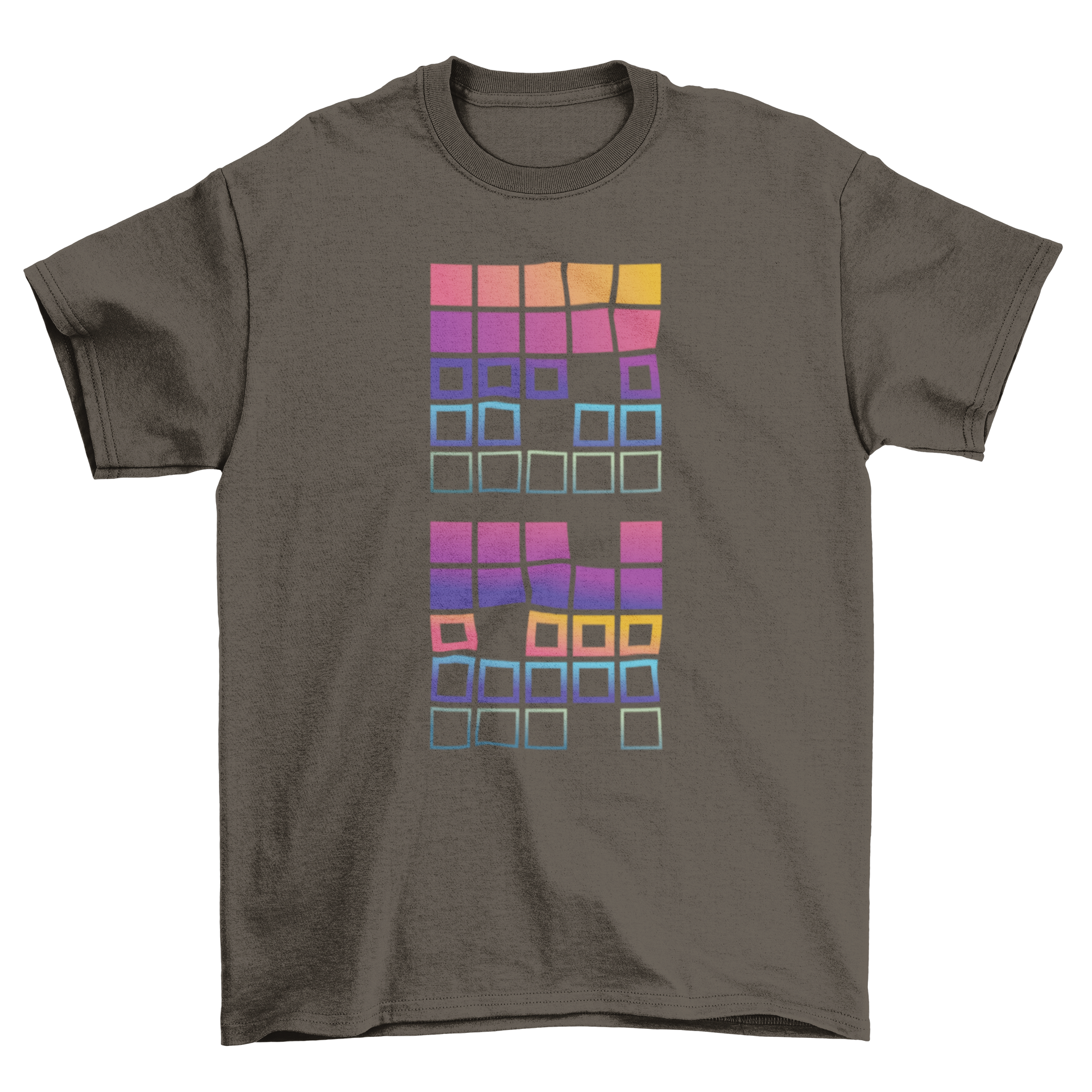 Ombre t-shirt featuring a geometric design with gradient squares in vibrant colors.