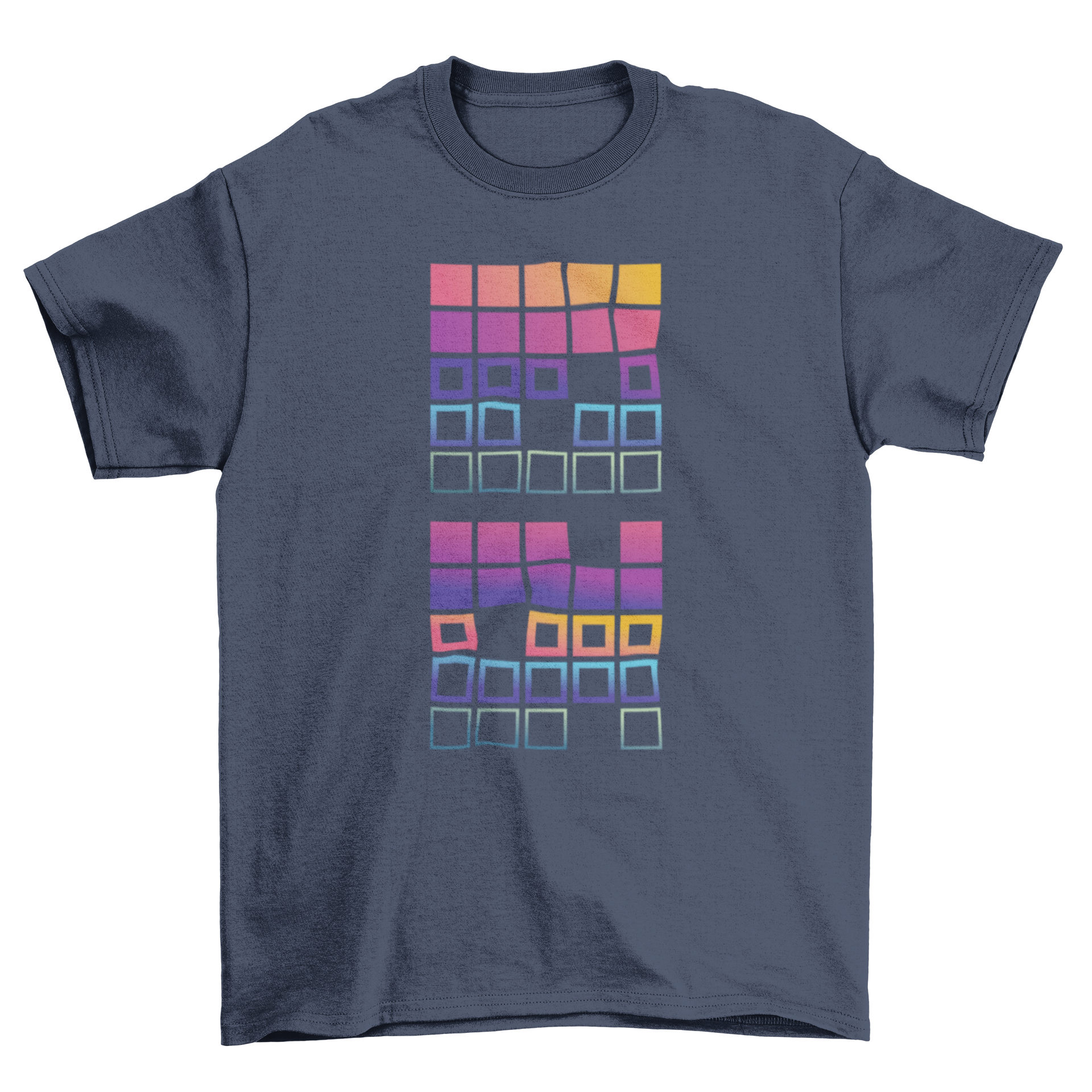 Ombre t-shirt featuring a geometric design with gradient squares in vibrant colors.