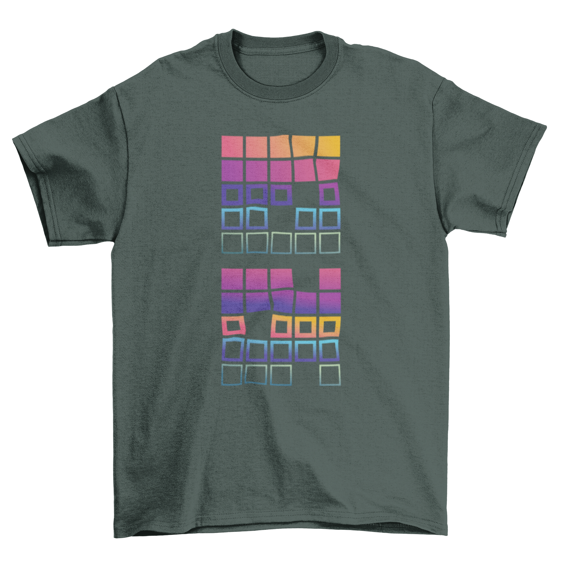 Ombre t-shirt featuring a geometric design with gradient squares in vibrant colors.