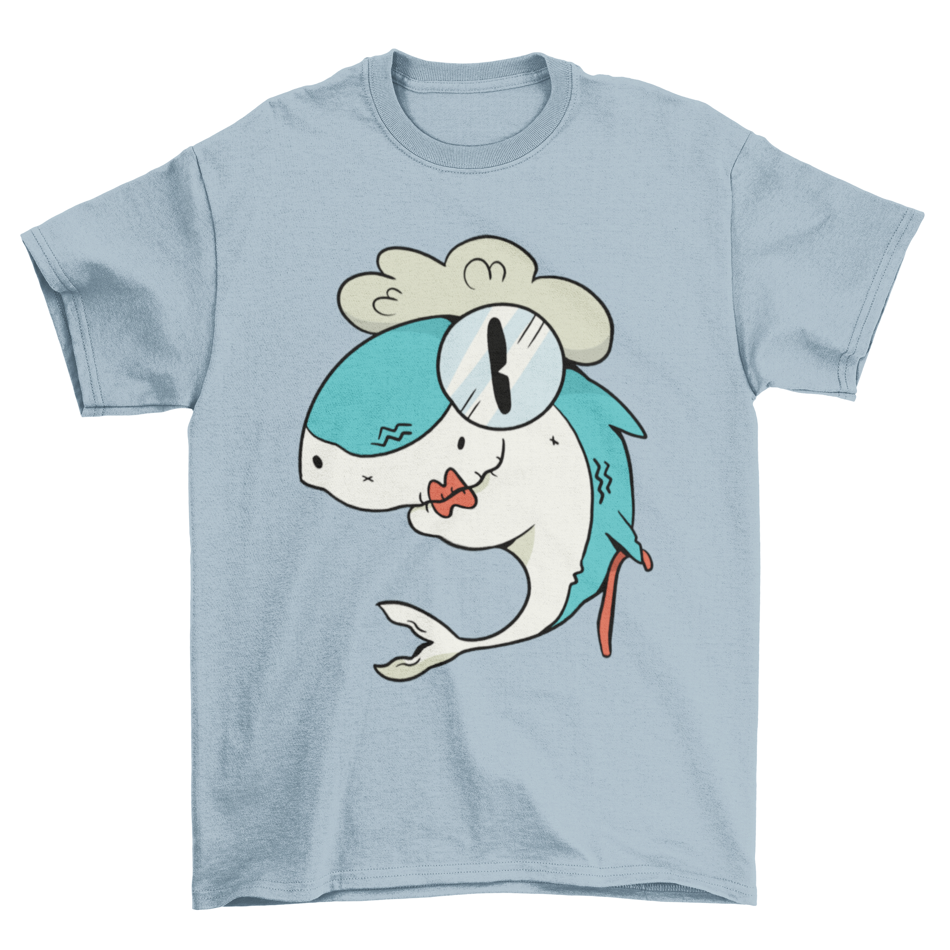 A colorful t-shirt featuring a cartoon grandma shark with big eyes and red lips, perfect for shark lovers.