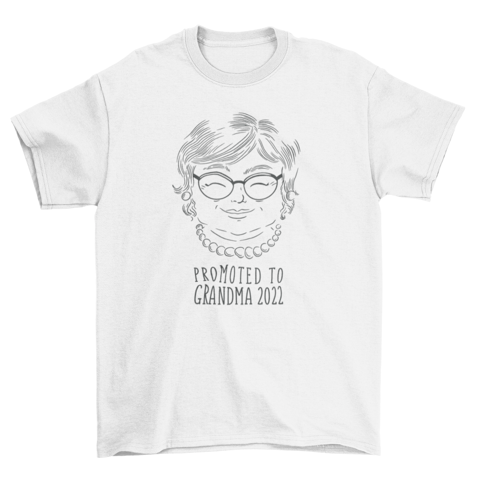 A stylish t-shirt featuring a minimalist line art design of a grandmother with the quote 'Promoted to grandma 2022'.