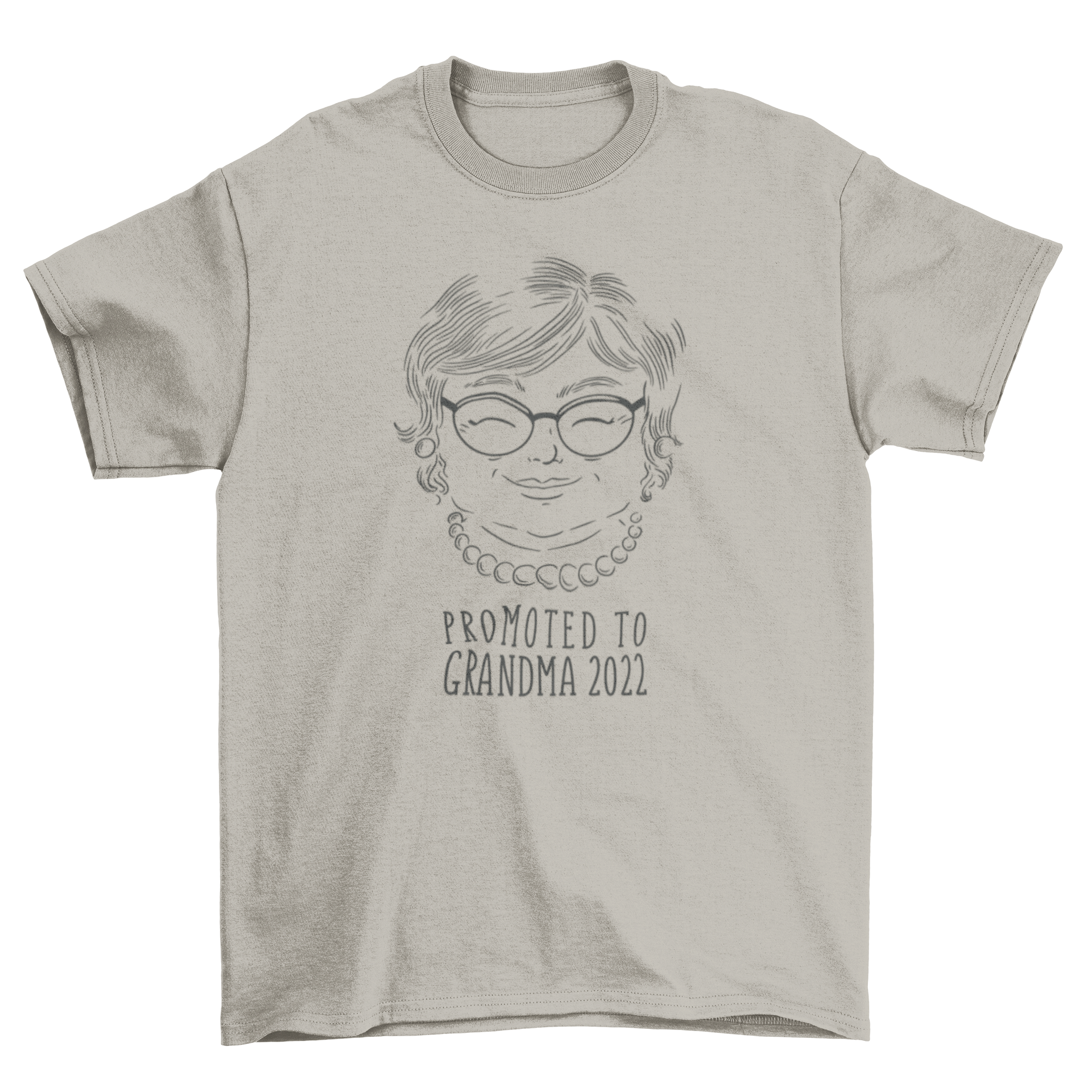A stylish t-shirt featuring a minimalist line art design of a grandmother with the quote 'Promoted to grandma 2022'.