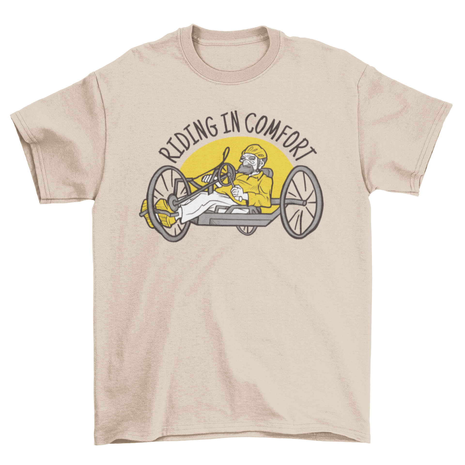 A stylish t-shirt featuring a grandpa riding a recumbent bike with the quote 'Riding in comfort'.