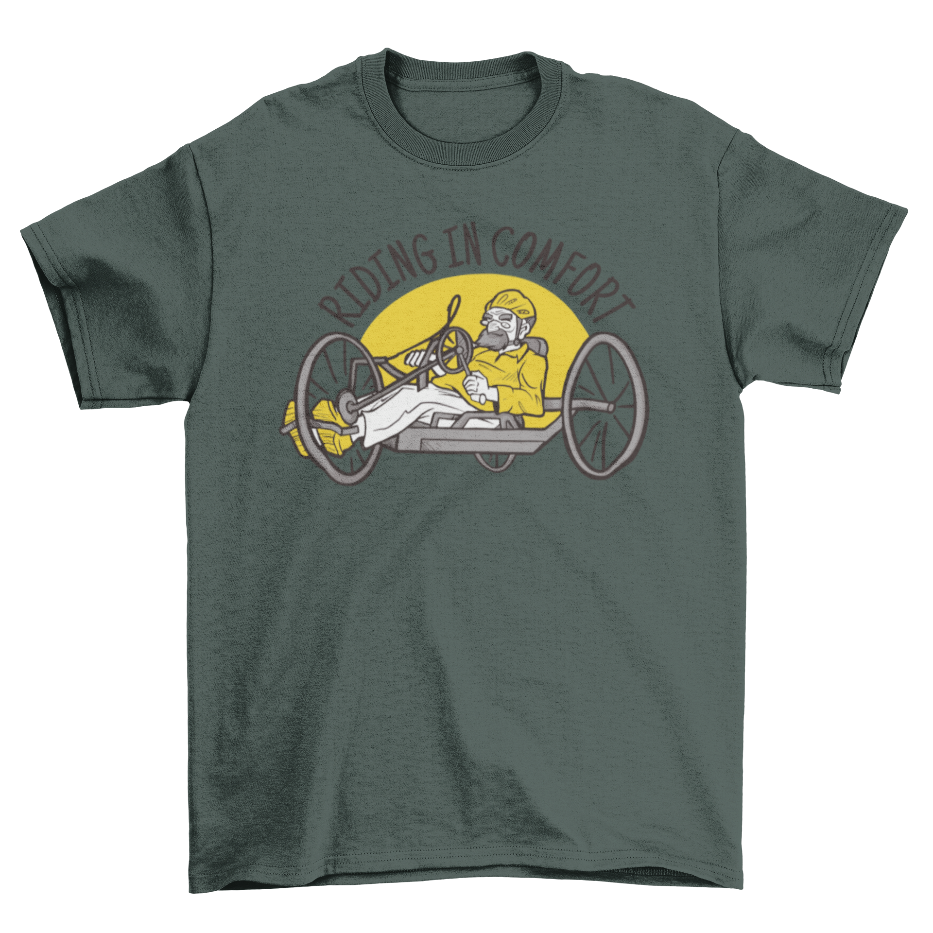 A stylish t-shirt featuring a grandpa riding a recumbent bike with the quote 'Riding in comfort'.