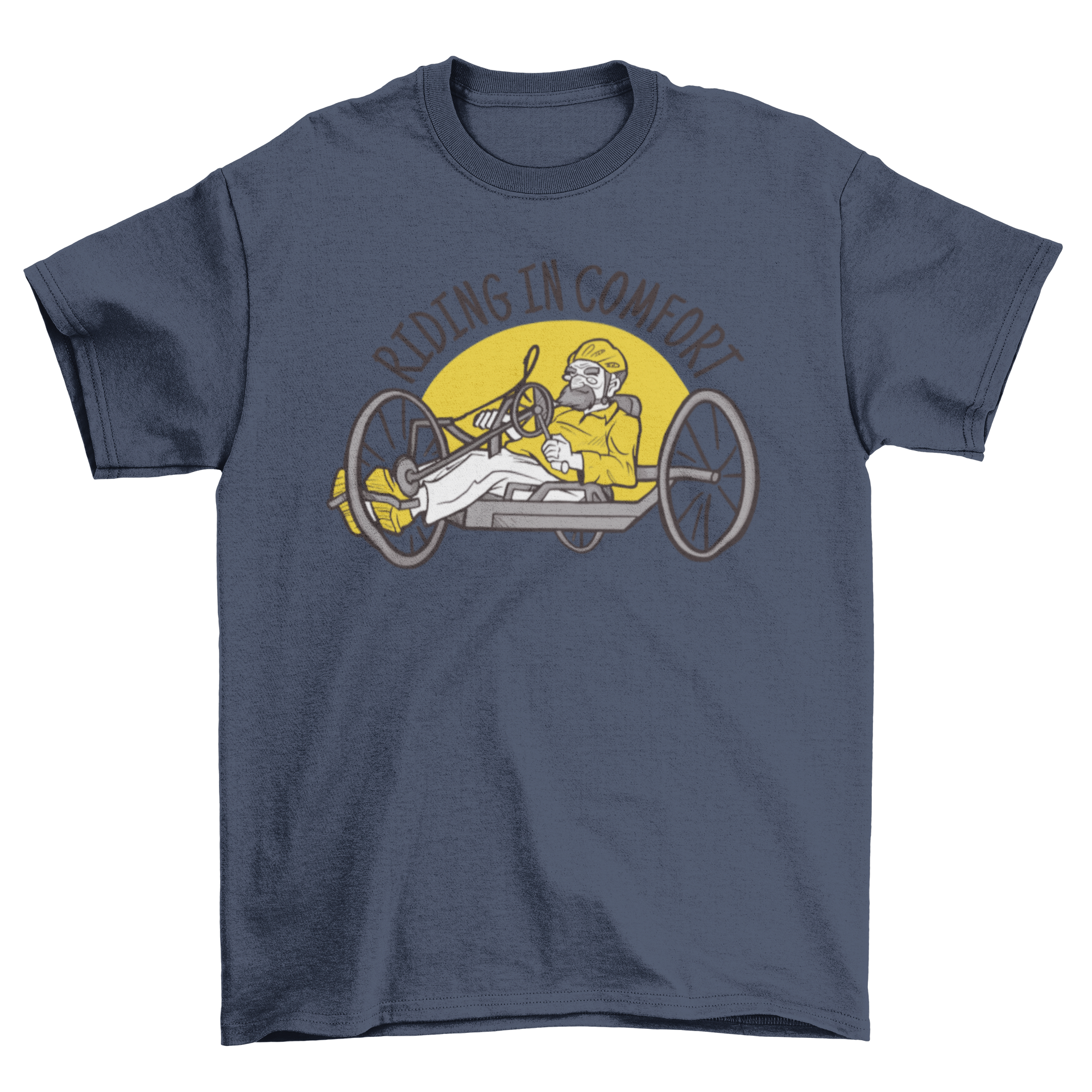 A stylish t-shirt featuring a grandpa riding a recumbent bike with the quote 'Riding in comfort'.