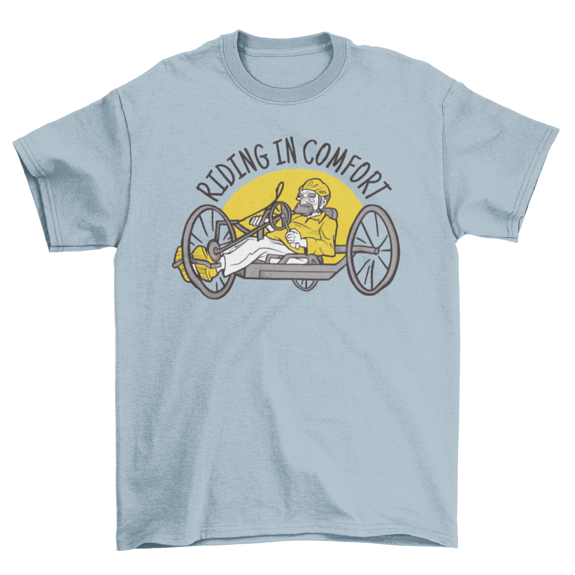 A stylish t-shirt featuring a grandpa riding a recumbent bike with the quote 'Riding in comfort'.