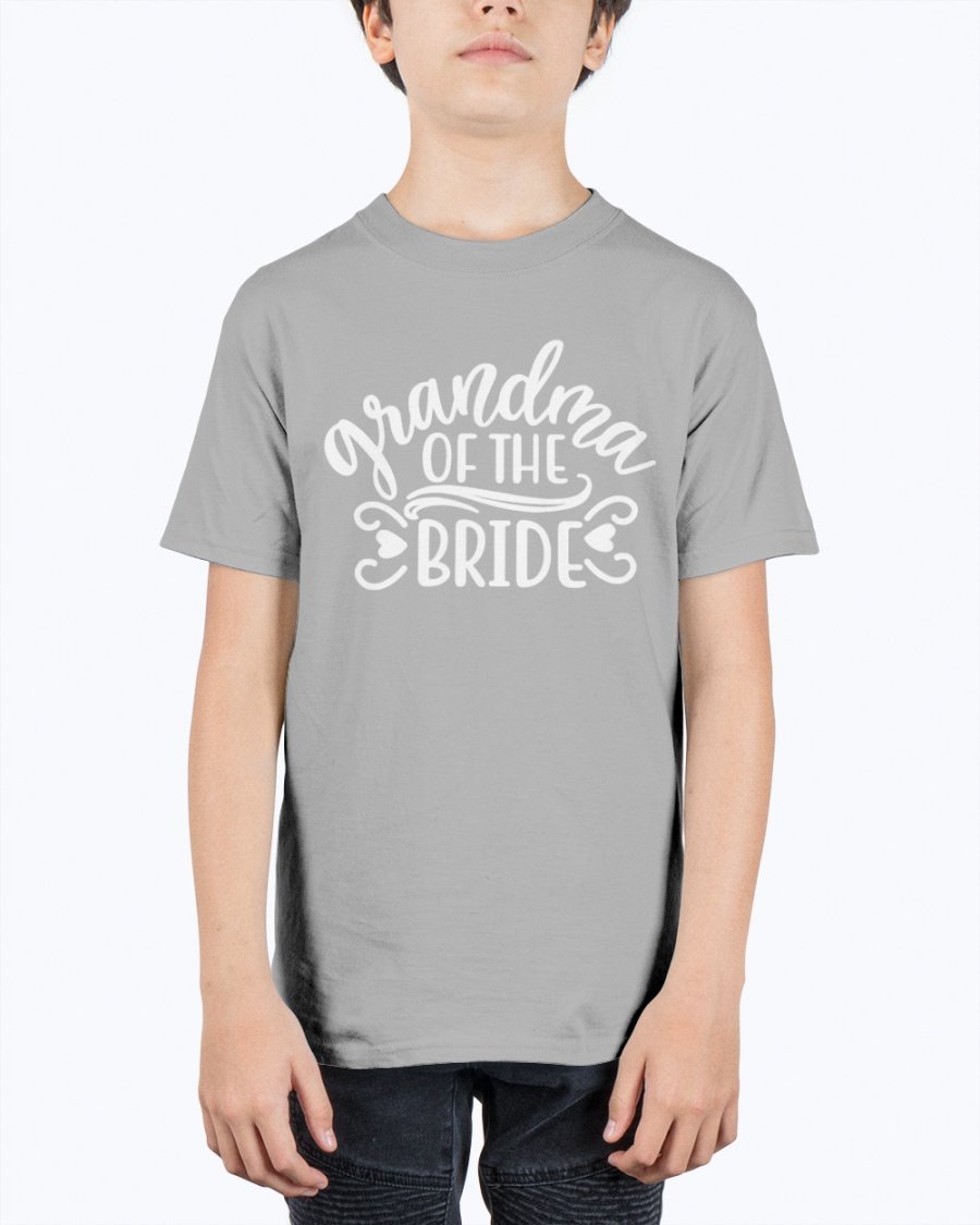 A unisex youth tee featuring the text 'Grandpa of the Bride' designed for wedding celebrations, made from durable cotton blend.
