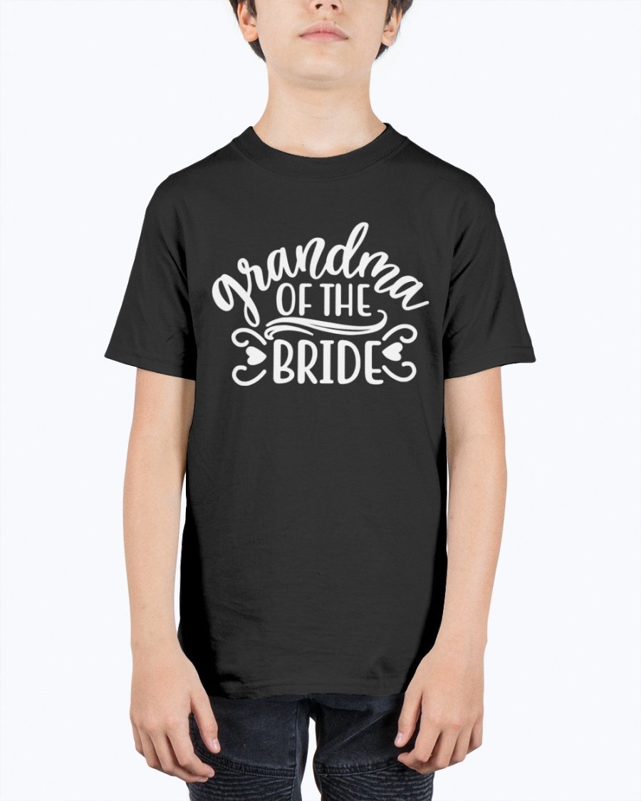 A unisex youth tee featuring the text 'Grandpa of the Bride' designed for wedding celebrations, made from durable cotton blend.