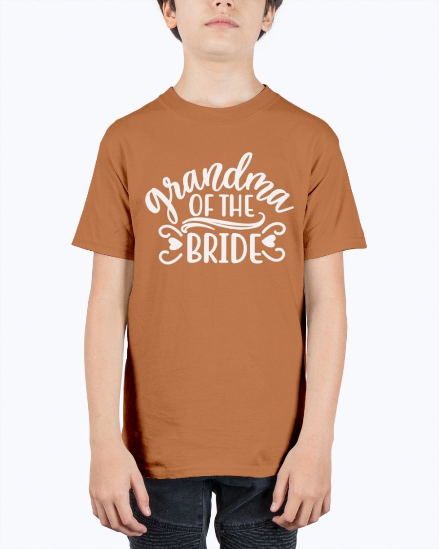 A unisex youth tee featuring the text 'Grandpa of the Bride' designed for wedding celebrations, made from durable cotton blend.