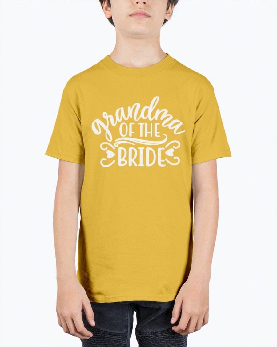A unisex youth tee featuring the text 'Grandpa of the Bride' designed for wedding celebrations, made from durable cotton blend.