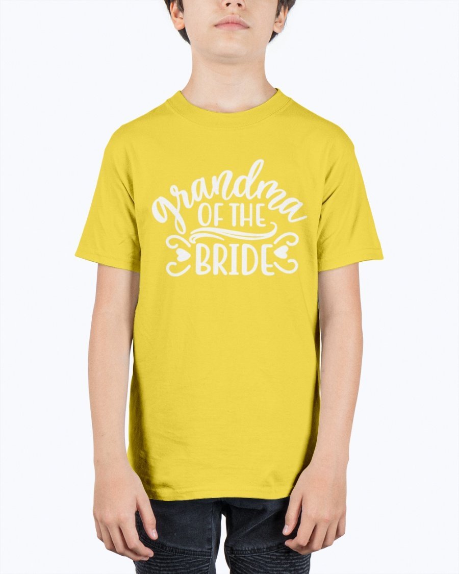 A unisex youth tee featuring the text 'Grandpa of the Bride' designed for wedding celebrations, made from durable cotton blend.