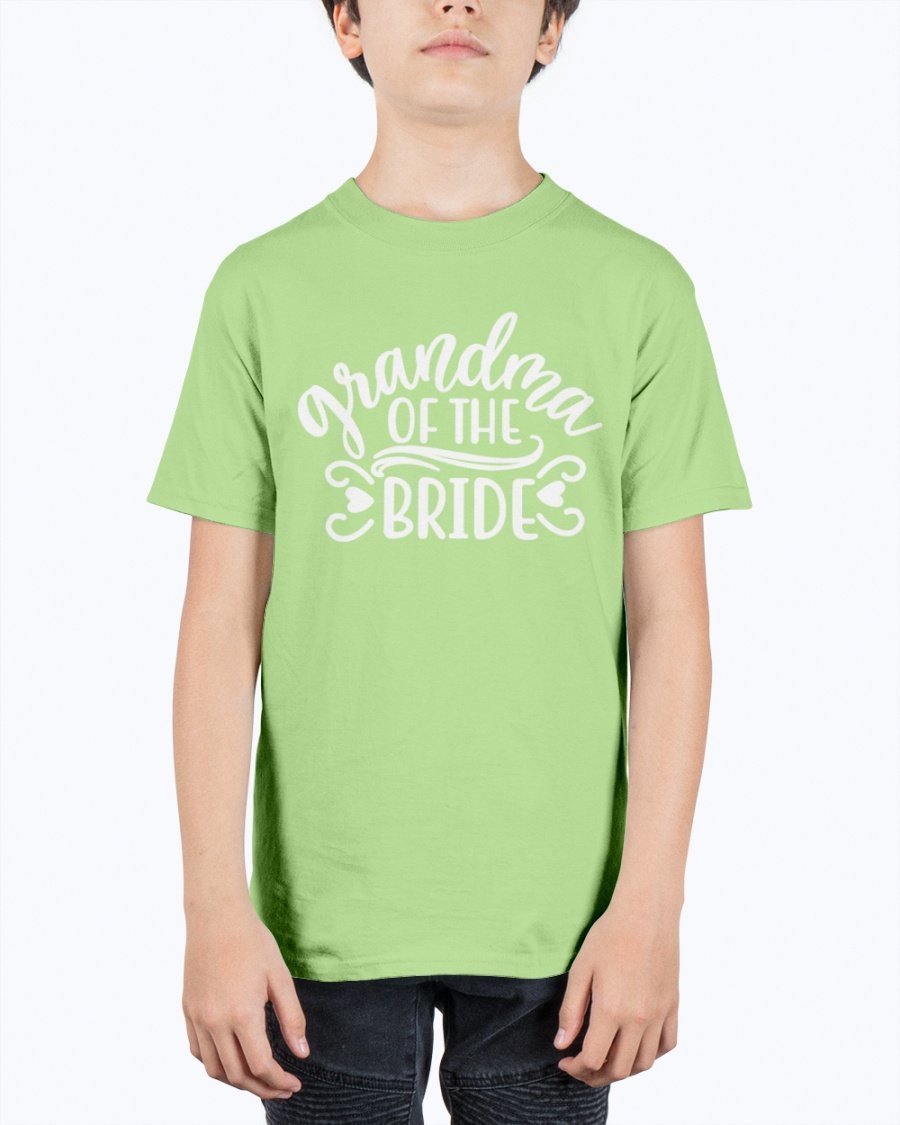 A unisex youth tee featuring the text 'Grandpa of the Bride' designed for wedding celebrations, made from durable cotton blend.