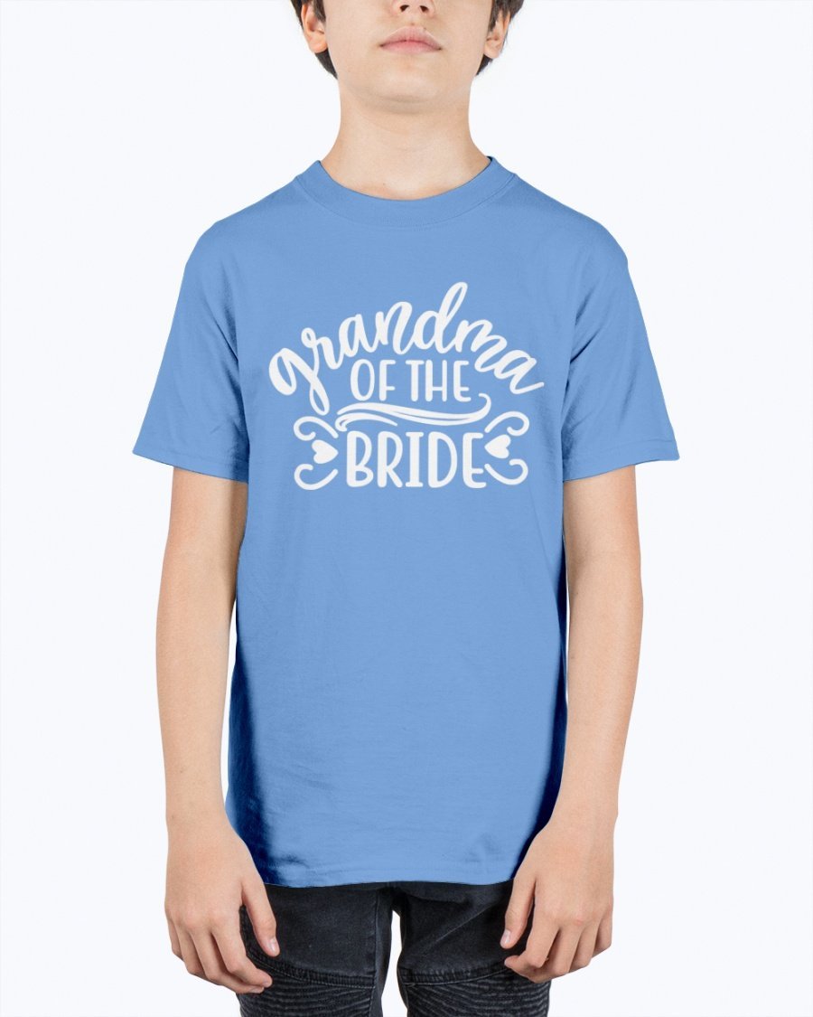 A unisex youth tee featuring the text 'Grandpa of the Bride' designed for wedding celebrations, made from durable cotton blend.
