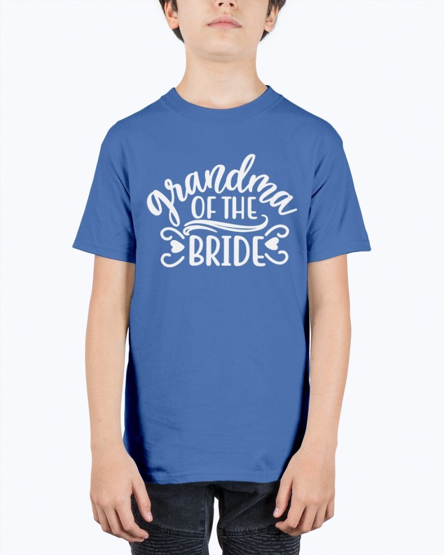 A unisex youth tee featuring the text 'Grandpa of the Bride' designed for wedding celebrations, made from durable cotton blend.