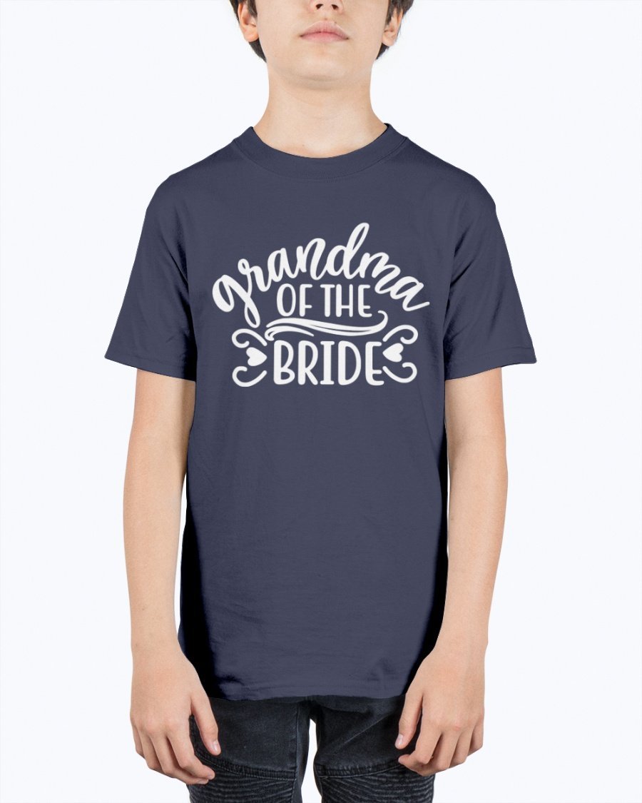 A unisex youth tee featuring the text 'Grandpa of the Bride' designed for wedding celebrations, made from durable cotton blend.