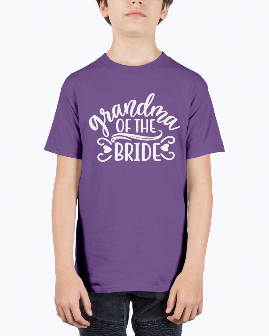 A unisex youth tee featuring the text 'Grandpa of the Bride' designed for wedding celebrations, made from durable cotton blend.