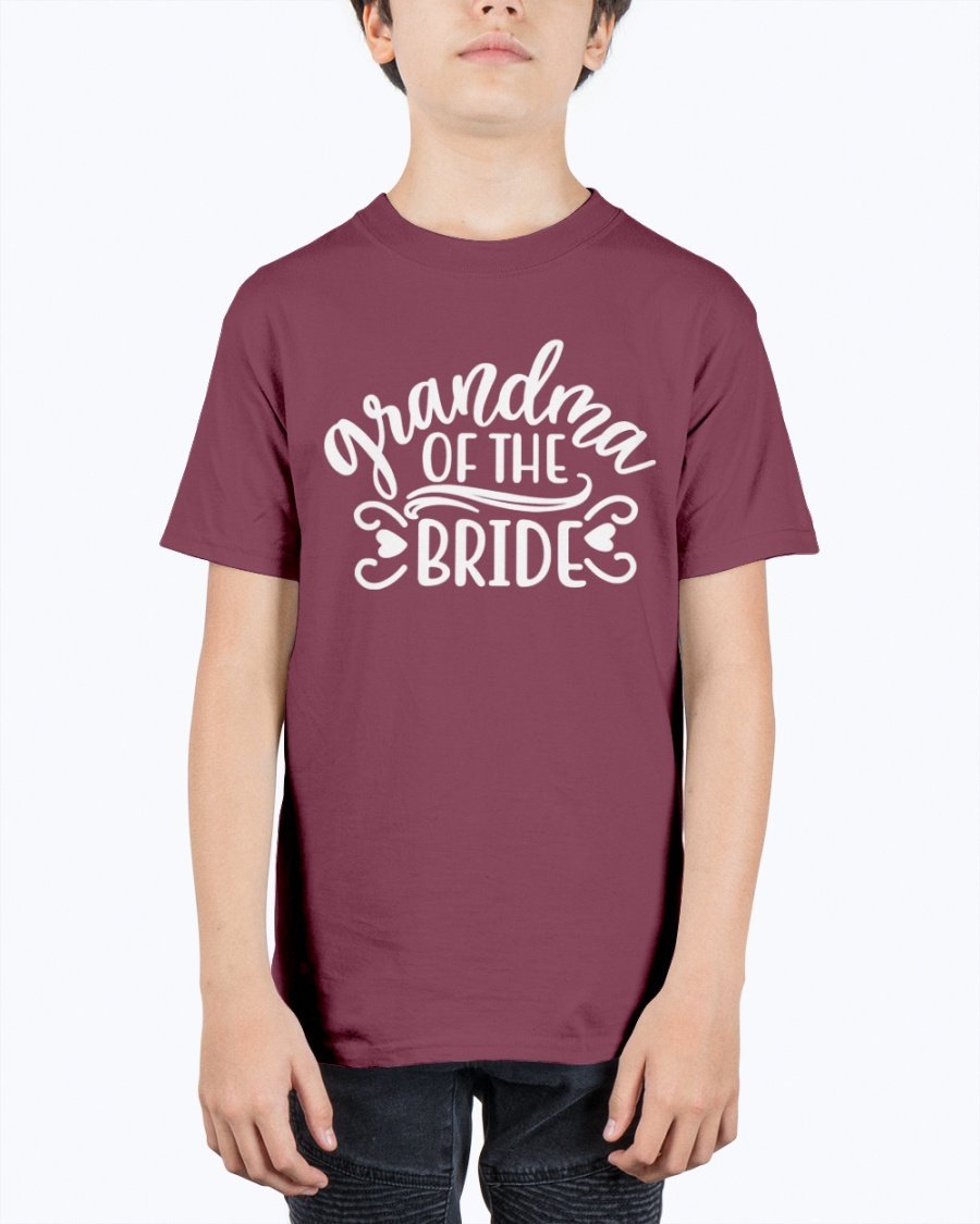 A unisex youth tee featuring the text 'Grandpa of the Bride' designed for wedding celebrations, made from durable cotton blend.