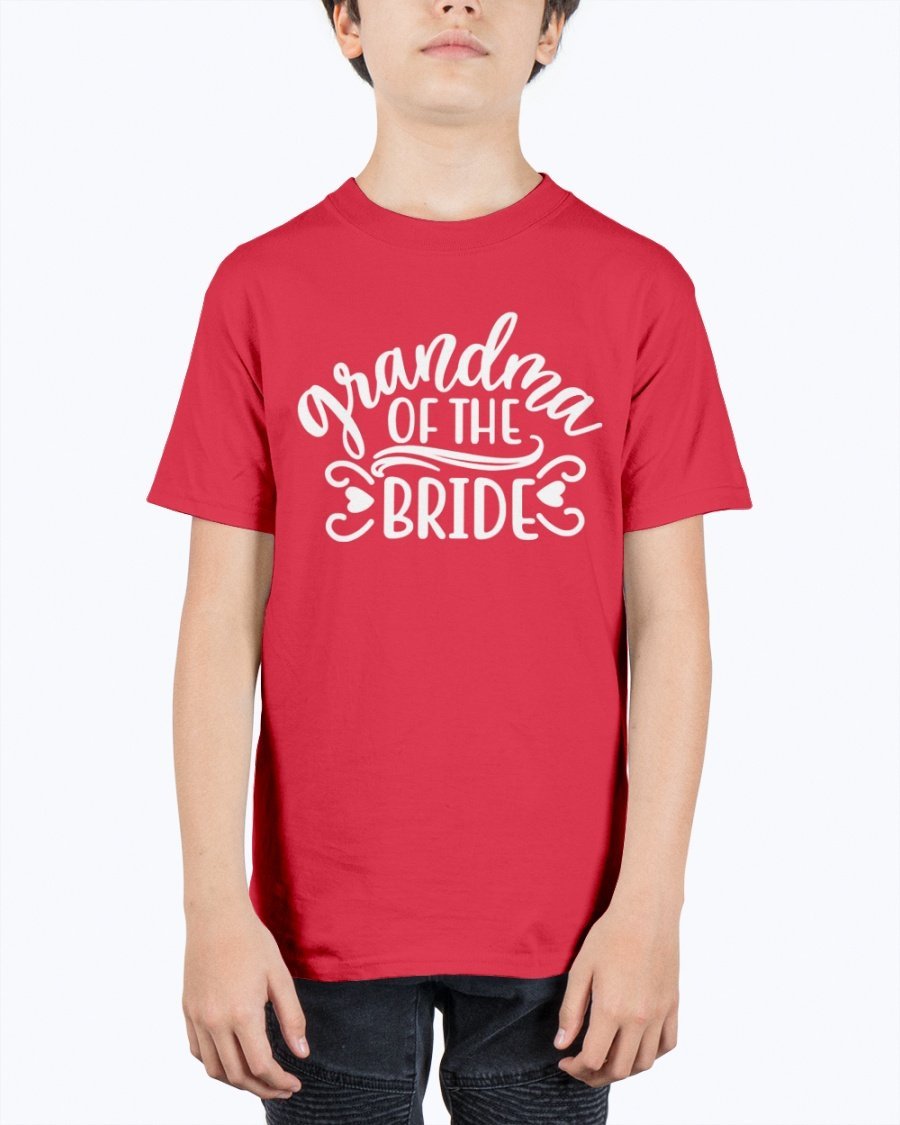 A unisex youth tee featuring the text 'Grandpa of the Bride' designed for wedding celebrations, made from durable cotton blend.