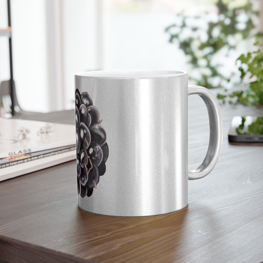 Grape Metallic Mug in Gold and Silver finishes, showcasing personalized designs and a comfortable C-handle.