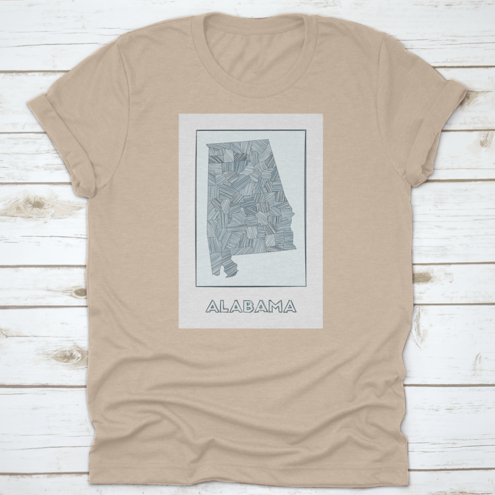 Grayscale hand-drawn map of Alabama regions with hachure details, showcasing intricate topographical features.