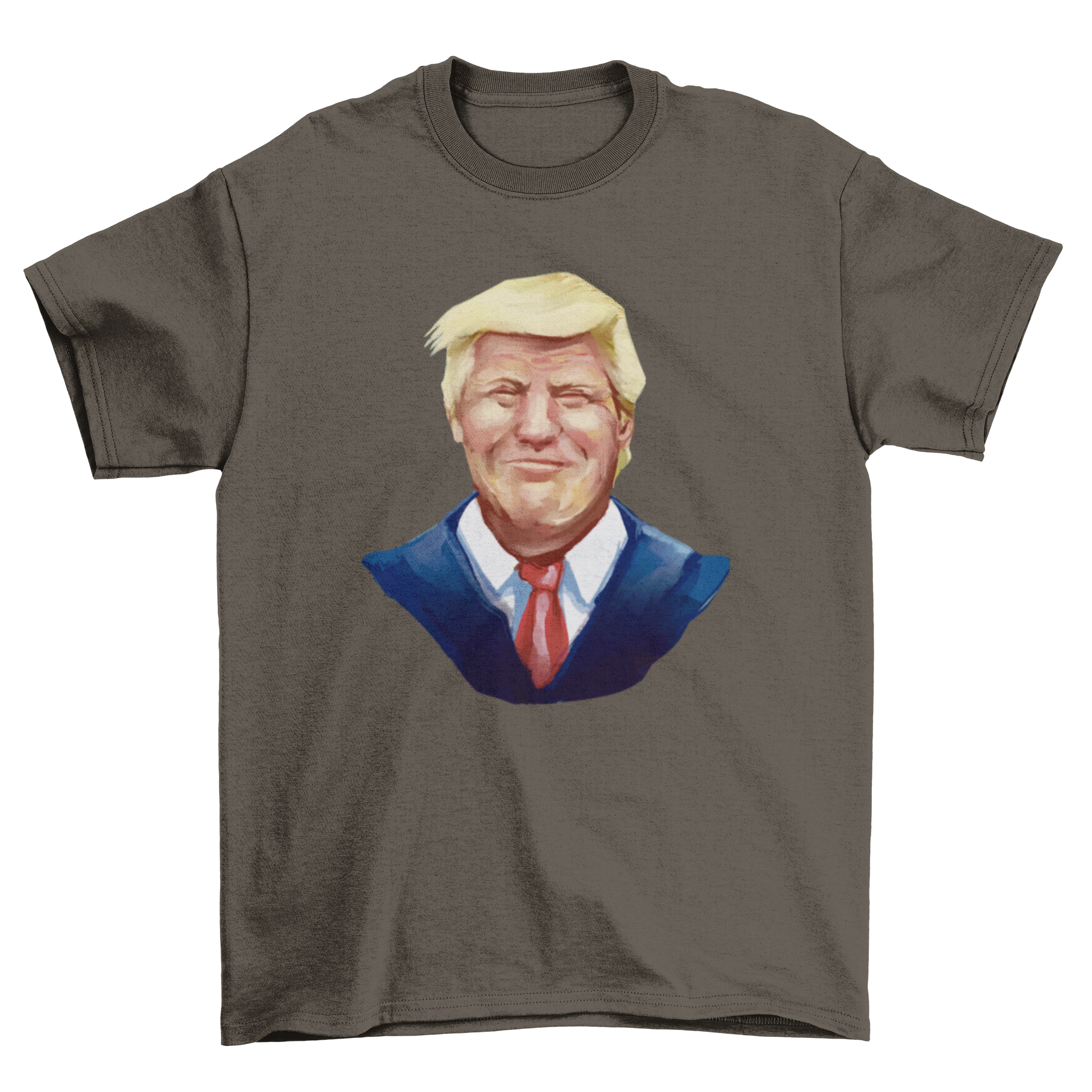 A stylish t-shirt featuring a vibrant watercolor portrait of Donald Trump, showcasing his smiling face in artistic detail.