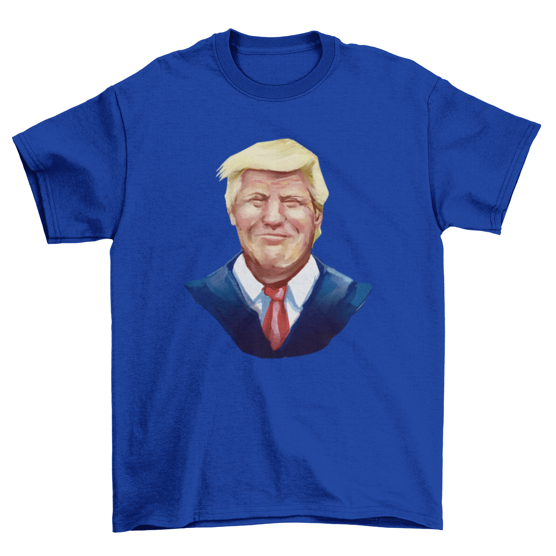 A stylish t-shirt featuring a vibrant watercolor portrait of Donald Trump, showcasing his smiling face in artistic detail.