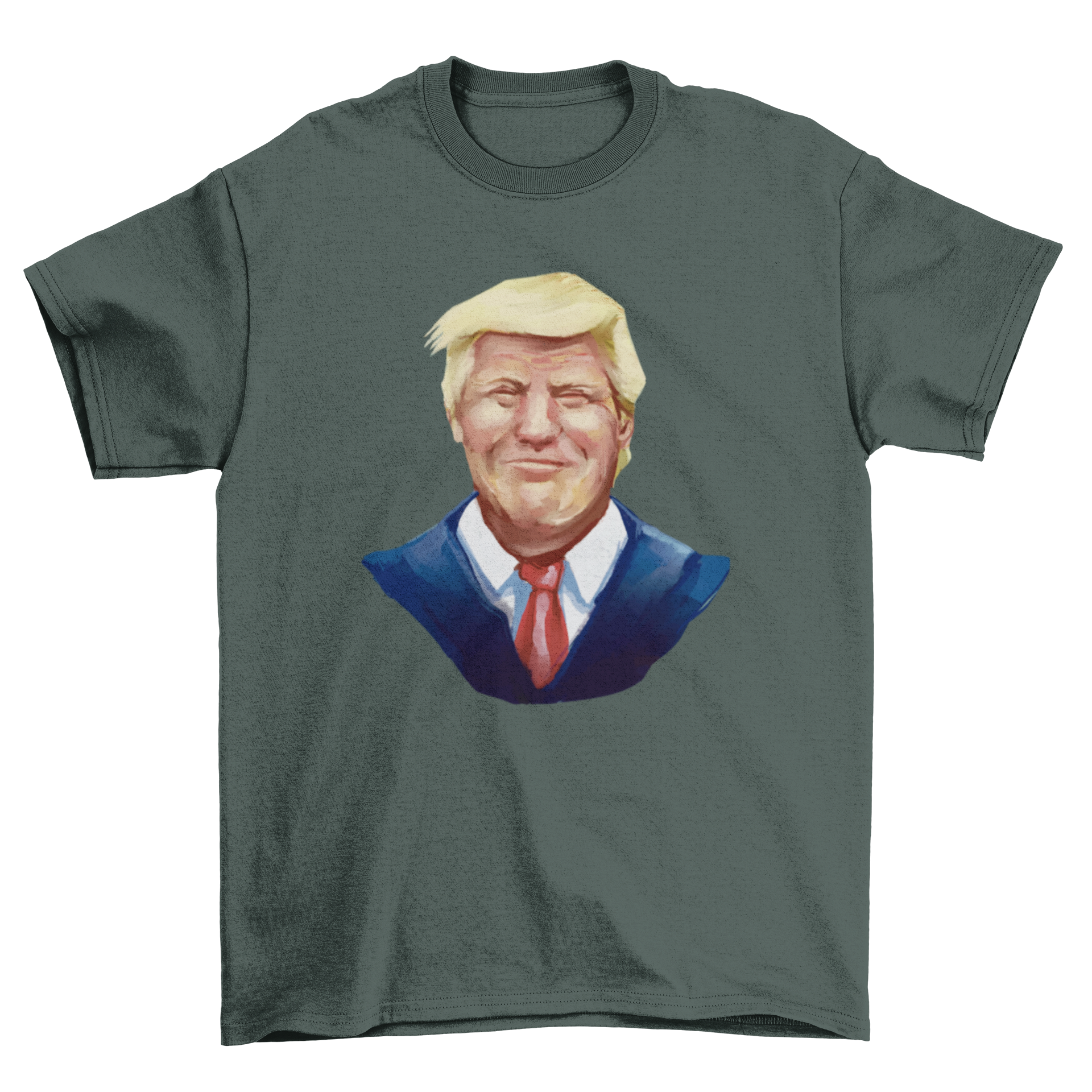 A stylish t-shirt featuring a vibrant watercolor portrait of Donald Trump, showcasing his smiling face in artistic detail.