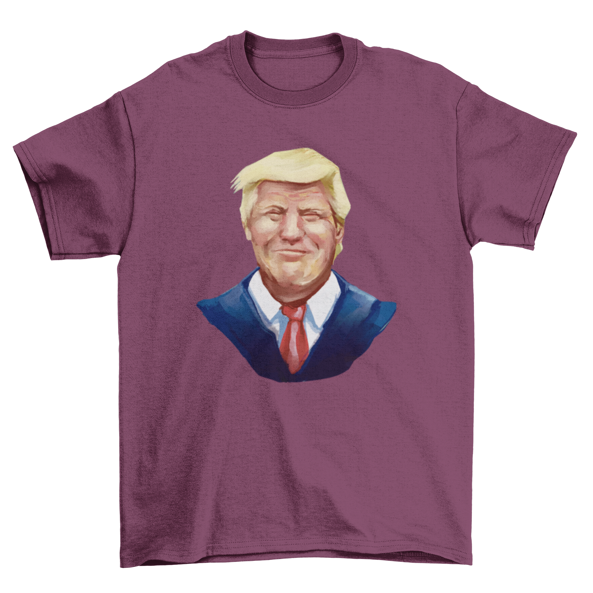 A stylish t-shirt featuring a vibrant watercolor portrait of Donald Trump, showcasing his smiling face in artistic detail.